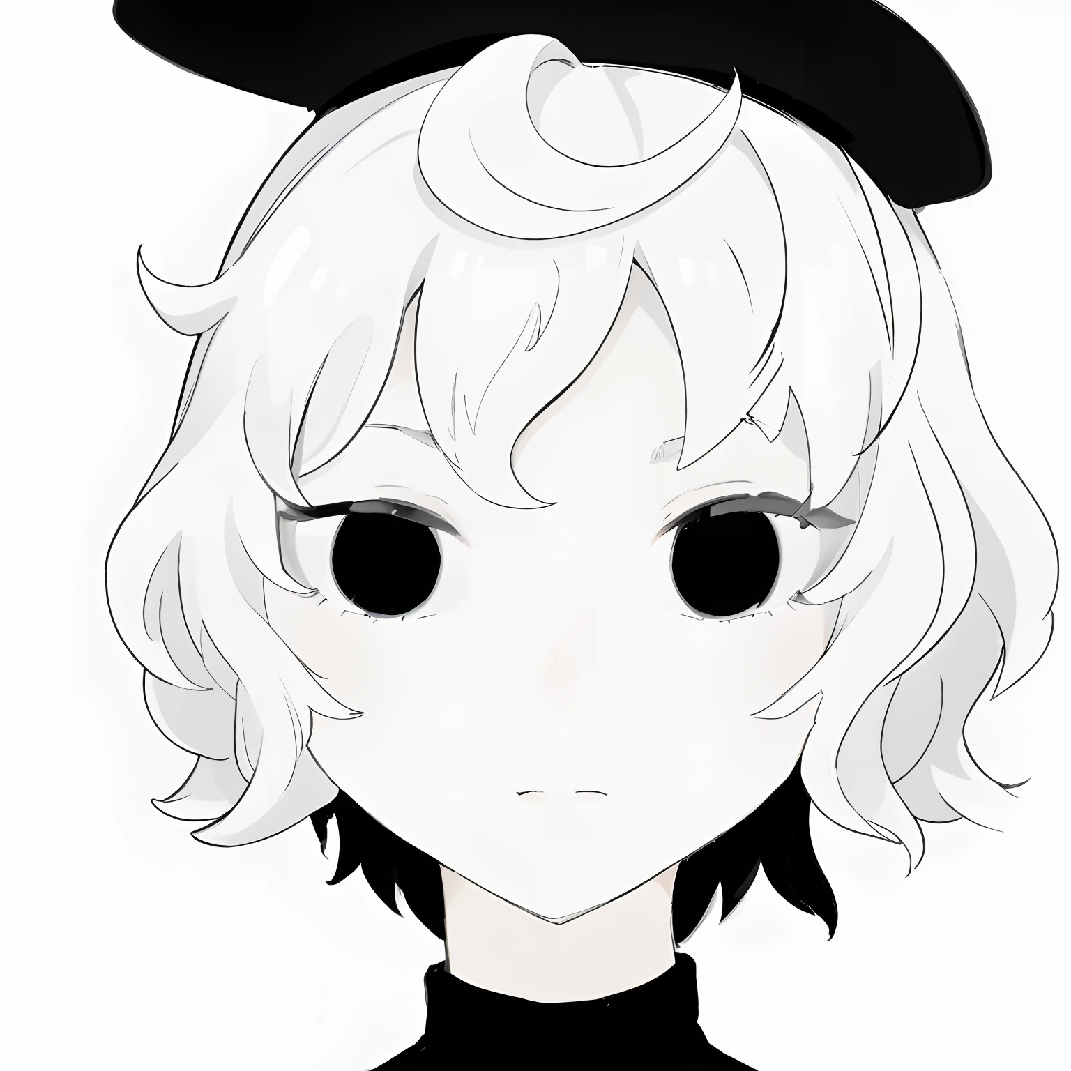 head portrait,black andwhite,short and wavy hair,Black hat