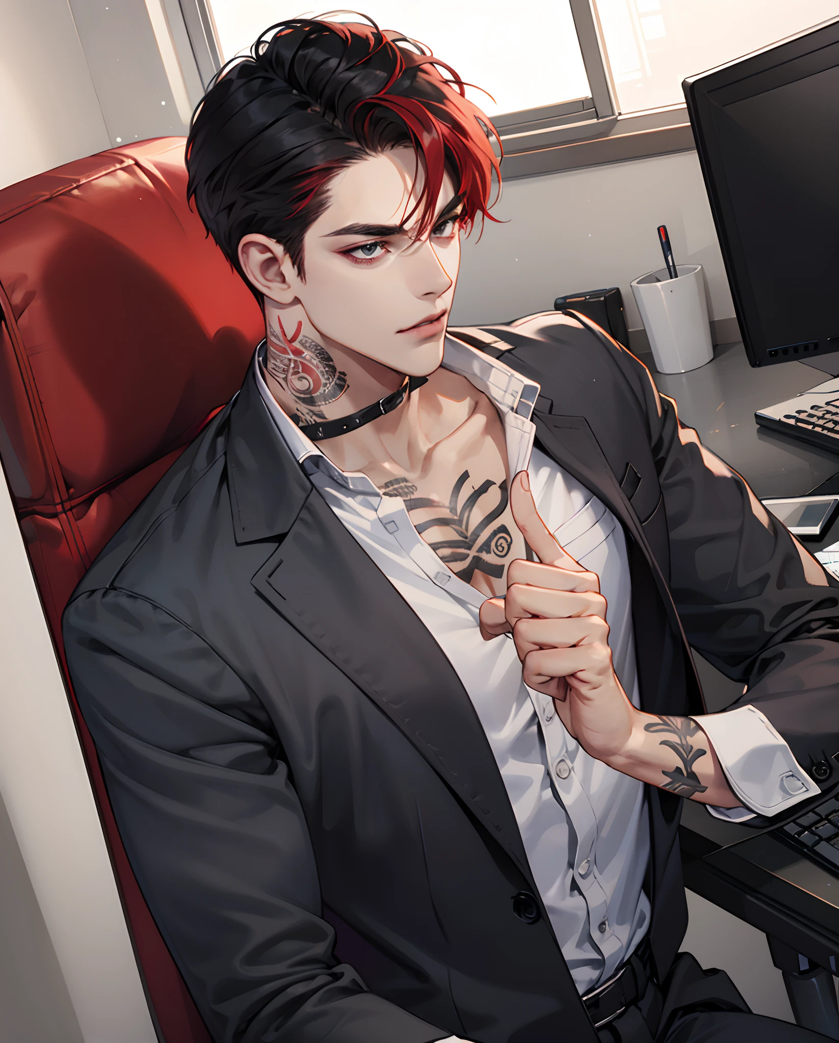 Male, black hair decorated with several strands of red hair, cold gaze, office clothes, tattoos on right hand and on neck