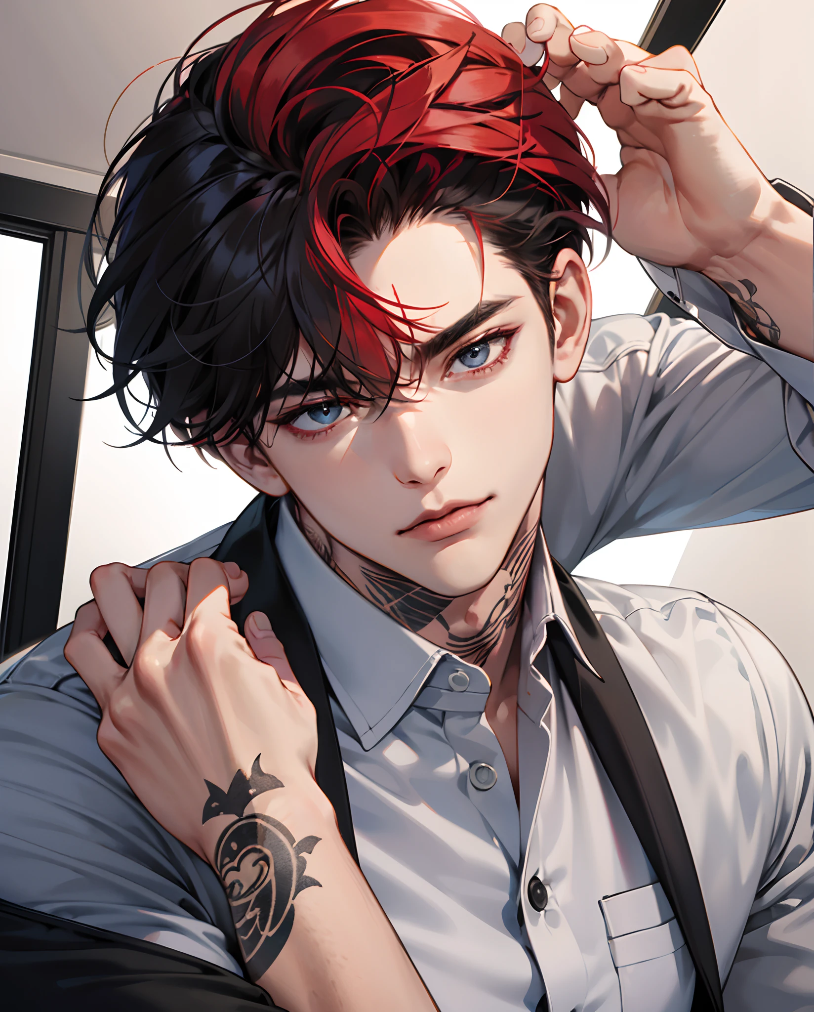 Male, black hair decorated with several strands of red hair, cold gaze, office clothes, tattoos on right hand and on neck