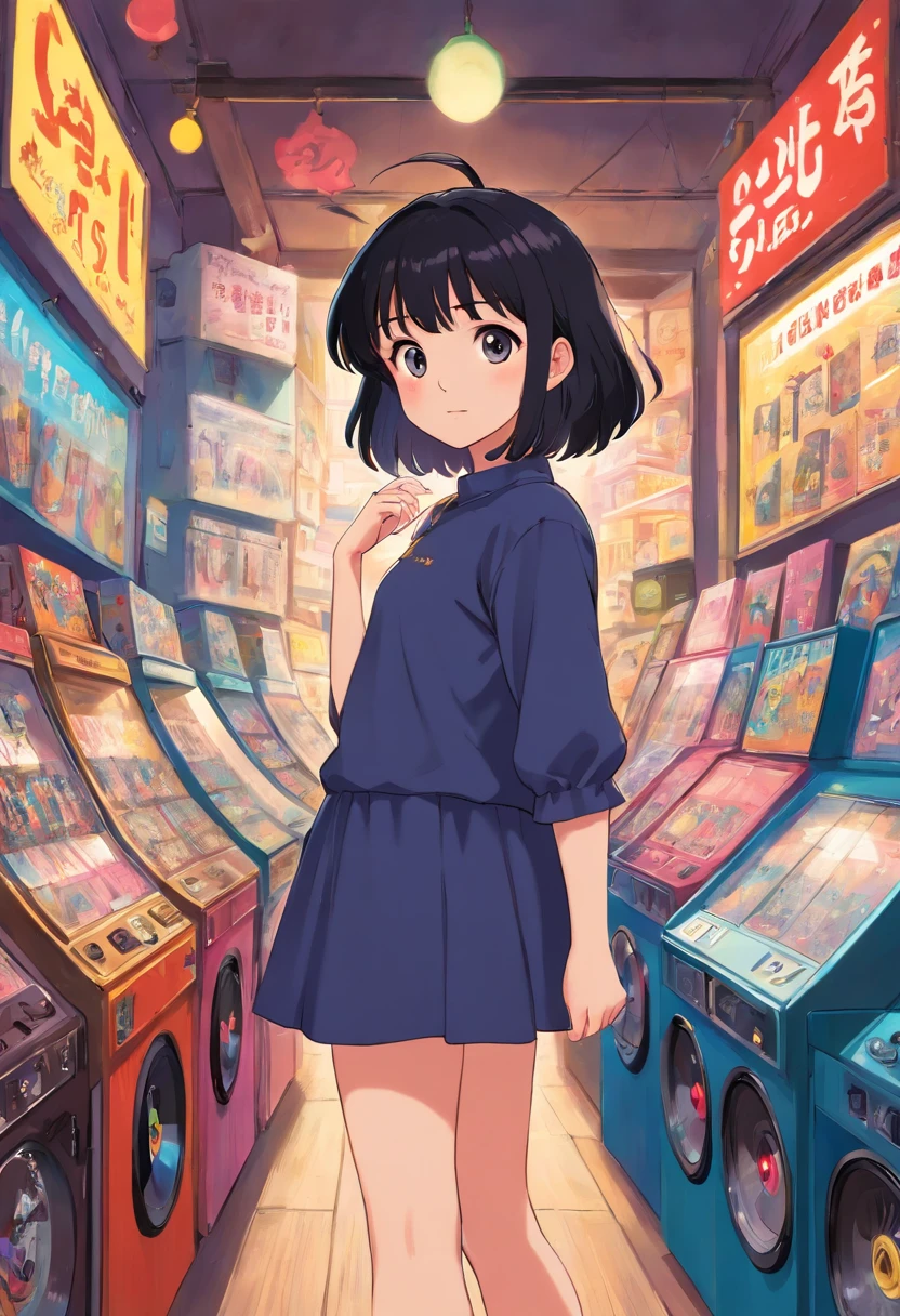 A lovely li,Black color hair, Surprised, short detailed hair,Wearing clothes from the 80s, She was in a vinyl record store.
