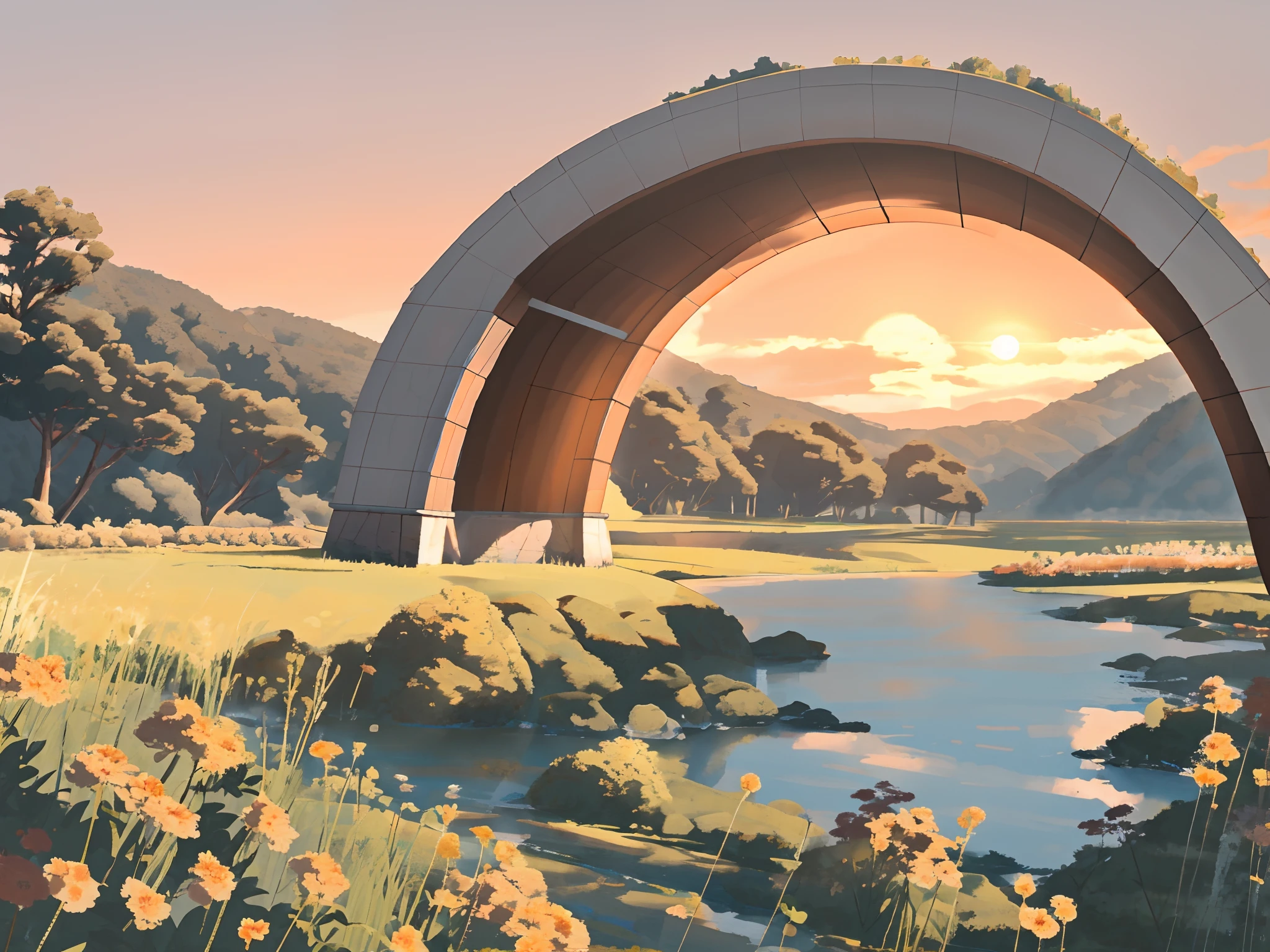 Tranquil Dawn Scenery: Uma paisagem tranquila com o sol nascendo no horizonte, simbolizando um novo