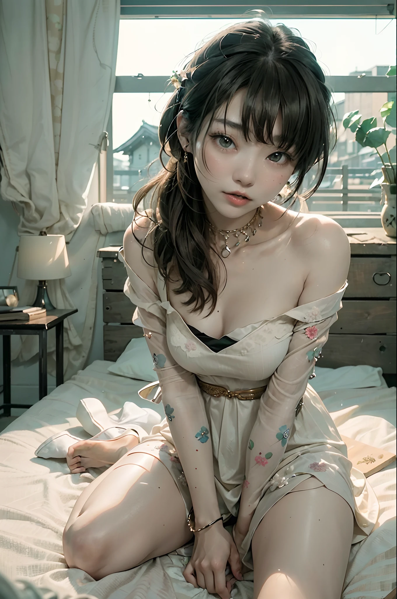 Top image quality、hightquality、​masterpiece、 Unity 8k Wallpapers、women sitting on bed、daily、She's a gravure idol、She wears beautiful casual clothes、Against natural light、The big picture is very soft、Cute young Japan、young cute girl、japanaese girl、Long and smooth dress falls、 Gentle elegance、Natural skin