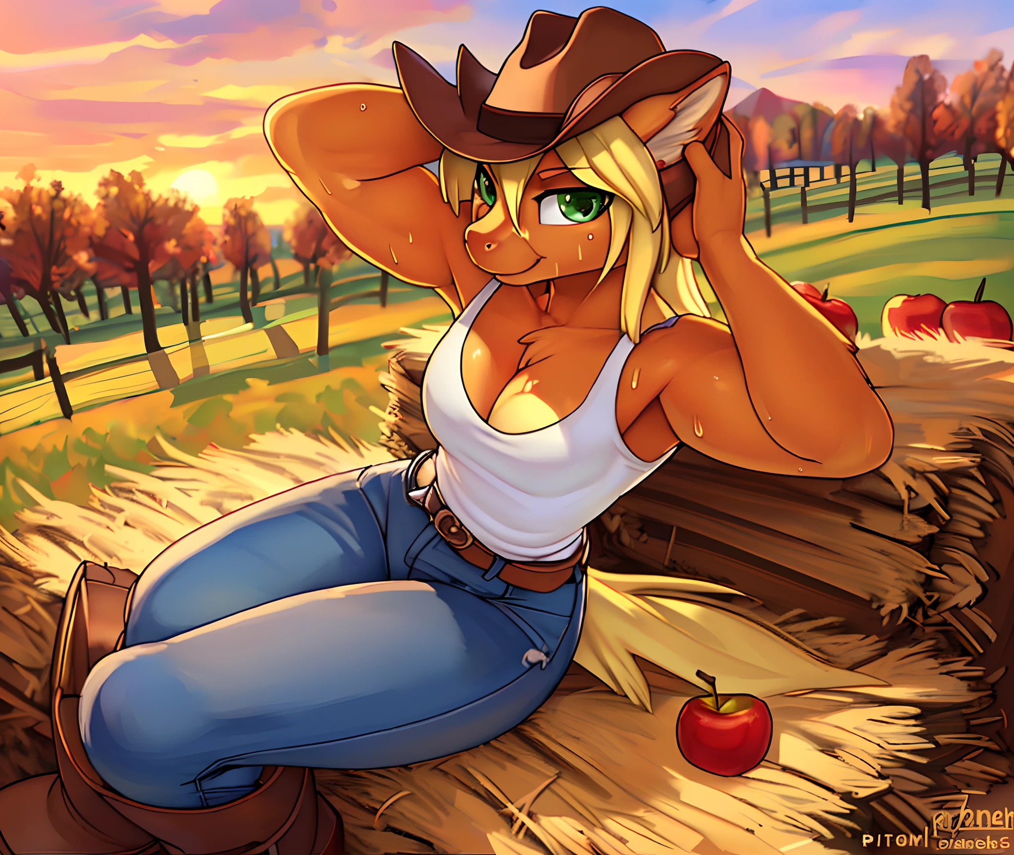 [applejack], [Uploaded to e621.net; (siden), (Pixelsketcher), (mayosplash), (wamudraws)], ((masterpiece)), ((HD)), ((high quality)), ((solo portrait)), ((cowboy shot)), ((furry; anthro)), ((detailed fur)), ((detailed shading)), ((beautiful render art)),  ((intricate details)), {anthro horse; (slim figure), (orange fur), cute green eyes, (half-closed eyes), horse snout, long blonde hair, (gorgeous hips), (defined muscles), (sweat on face), smug smirk}, {(white Tank top, (cleavage), (tight blue jeans), brown cowboy boots, cowboy hat}, {(sitting on hay bail), (hand on head), (looking at viewer)}, [background; (apple orchard), (sunset)]