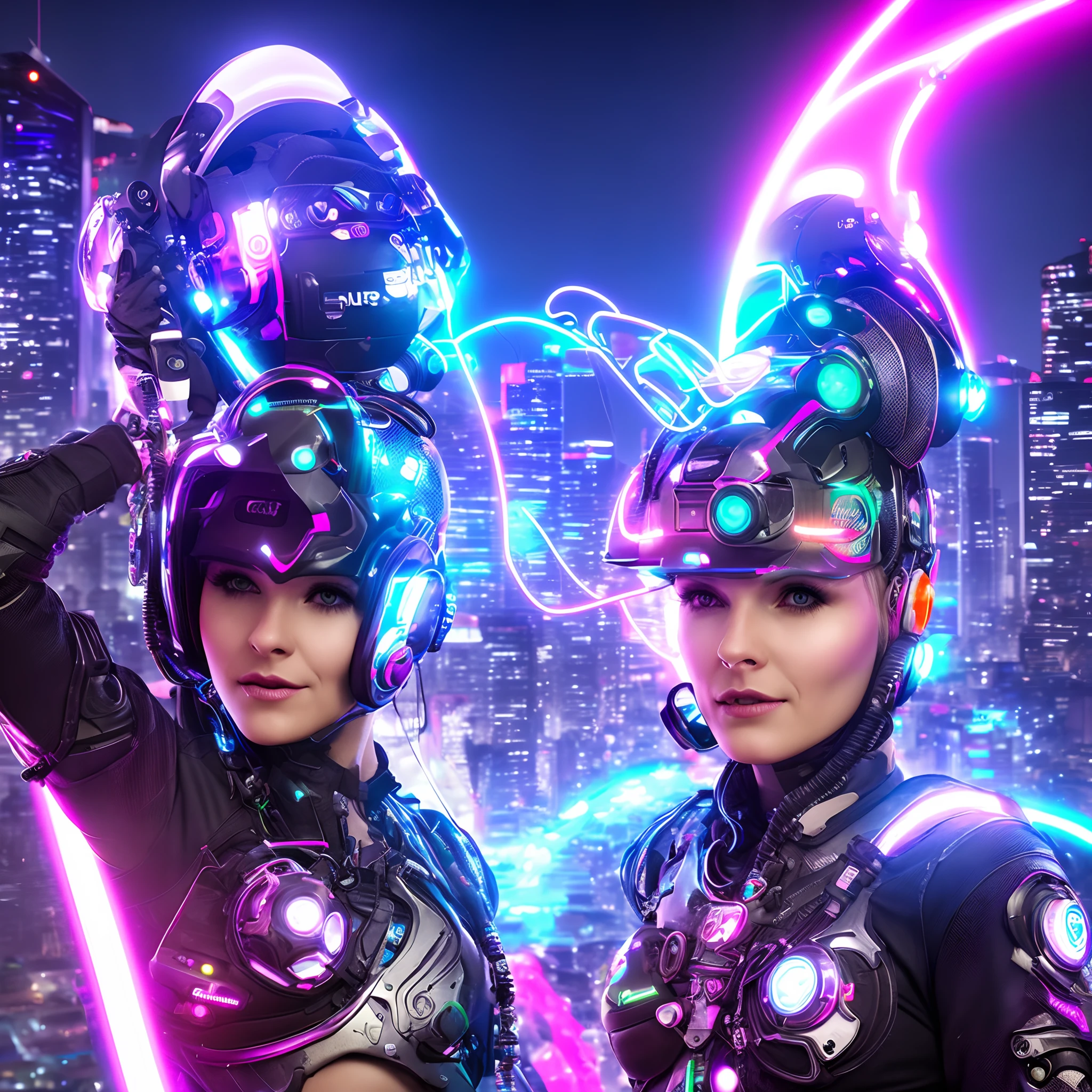 Uma mulher cyber punk ultra realista com cabelos azuis, brinco transversal na torre de Paris neon na cor roxa