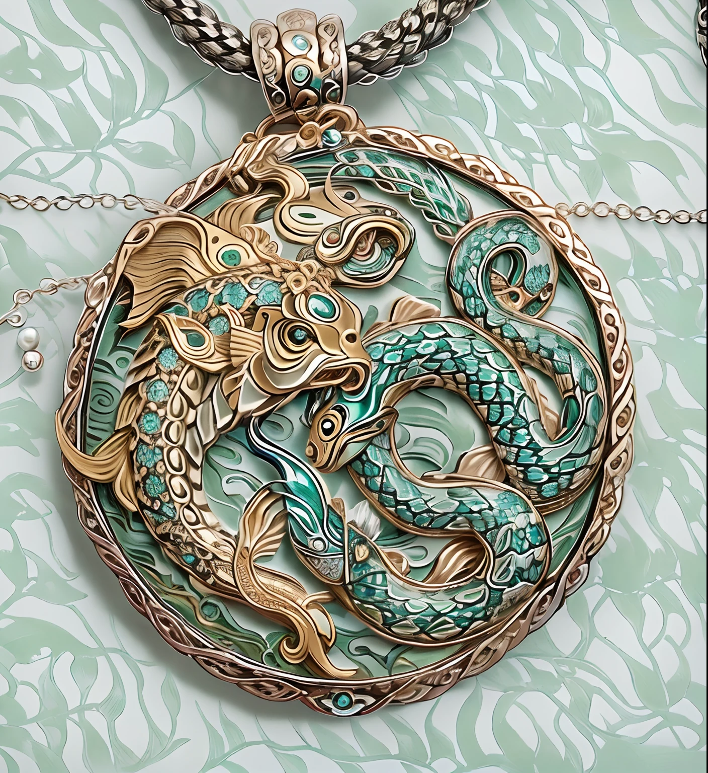 a close up of a necklace with a fish and snake on it, inspired by Kanō Hōgai, inspired by Katsushika Ōi, inspired by Yamamoto Shōun, inspired by Kameda Bōsai, inspired by Katsukawa Shun'ei, pendant, inspired by Shunkōsai Hokushū, swirling silver fish
