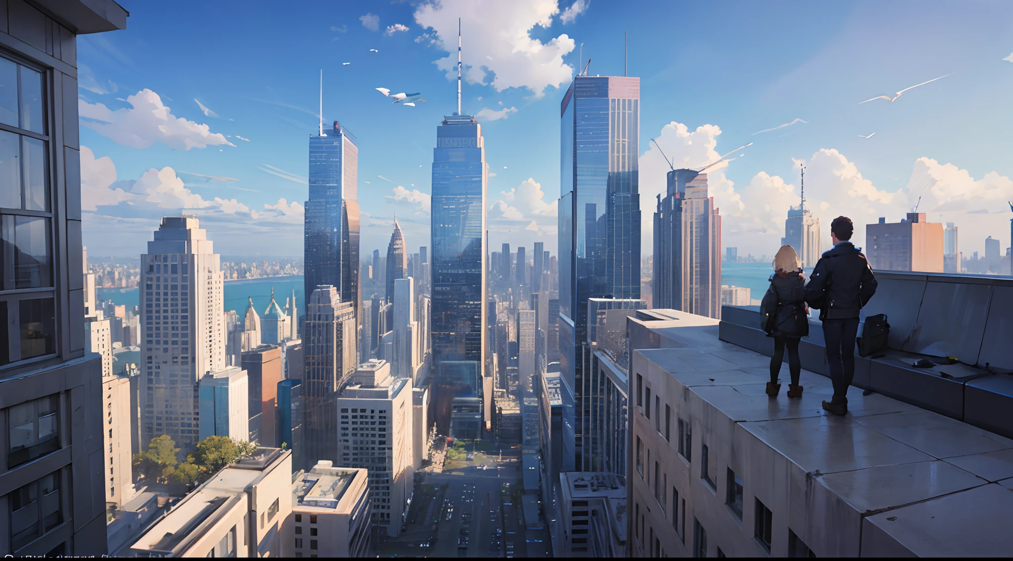 There are two people standing on a ledge overlooking a city - SeaArt AI