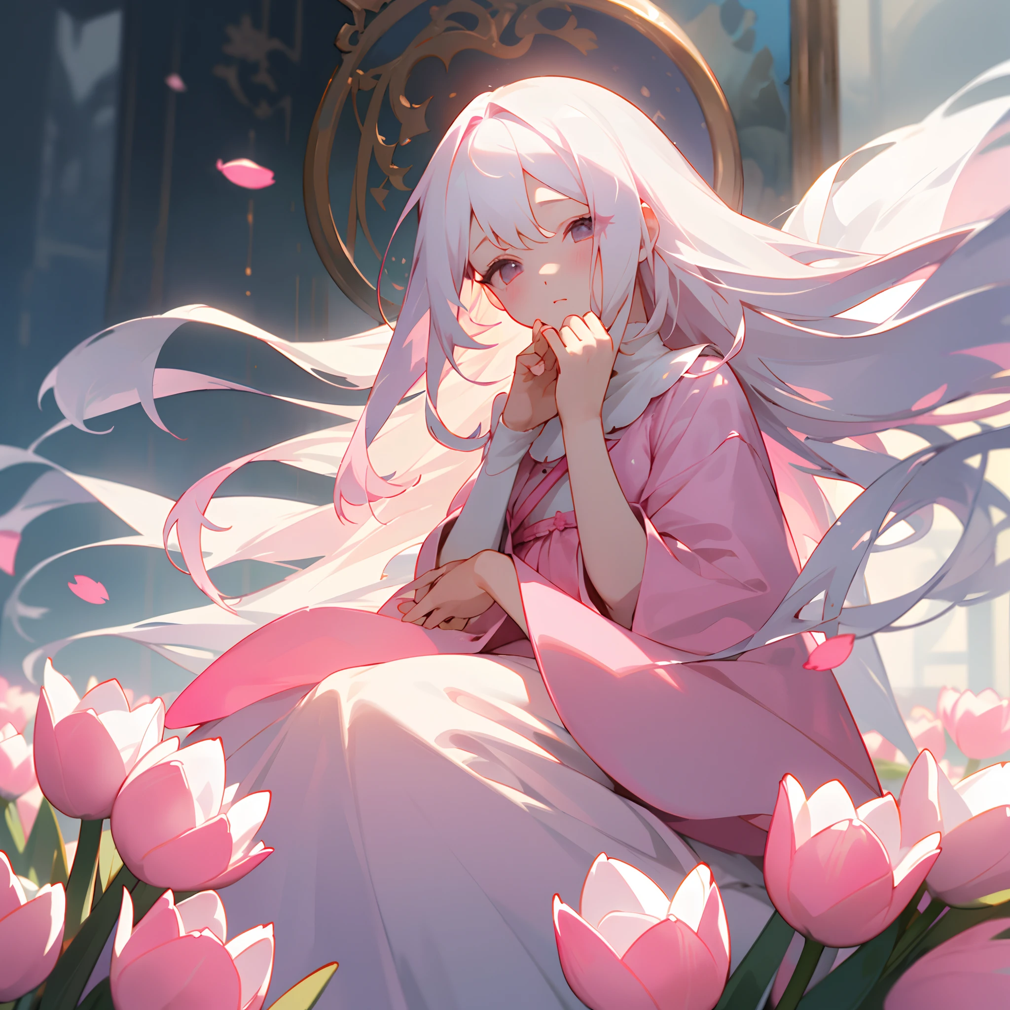 (​masterpiece、top-quality)、Surrounded by pink tulips、1 girl with long white hair、Put your hands under your chin、Warm lighting、Pink dress blurred foreground