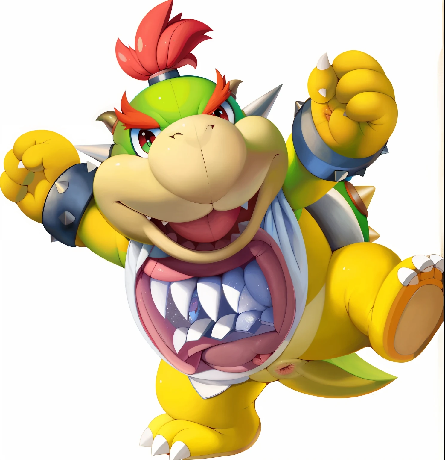 solo, (bowser jr \(mario\), bib with mouth, red eyes, genital slit, anus), by tricksta, by plattyneko, by dr.bubblebum, highly detailed, best quality, 4k