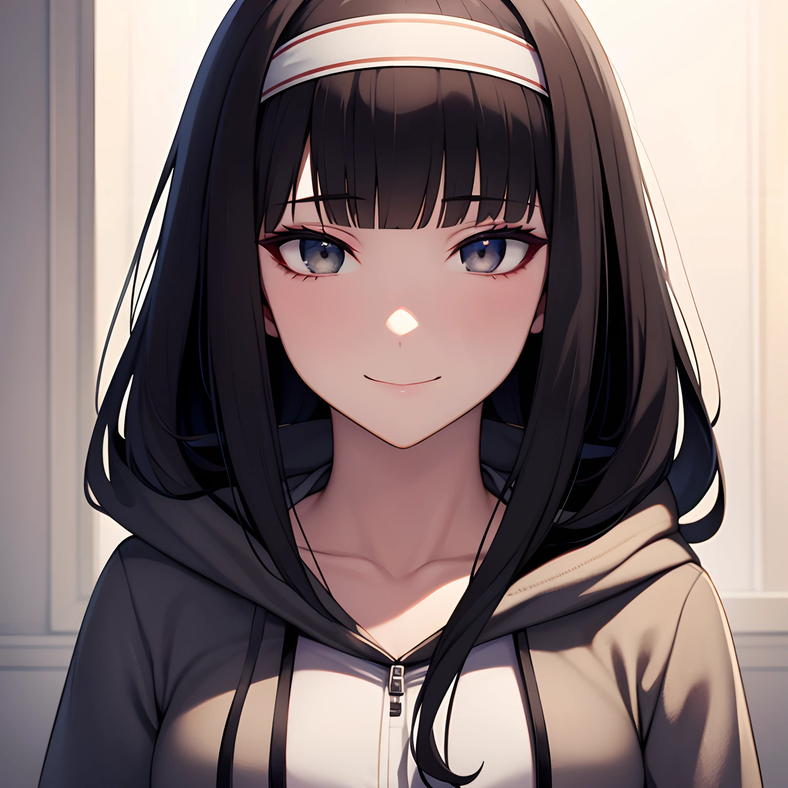 beautiful, masterpiece, best quality, extremely detailed face, perfect lighting, 1girl, hinata, hyuuga hinata, bangs, empty_eyes, black_hair, blunt_bangs, grey eyes, grey sleeves, headband_around_neck, highres, hime cut, hooded_cardigan, long sleeves, looking_at_viewer, petals, smile, solo, straight hair, upper body, hooded jacket, perfect body