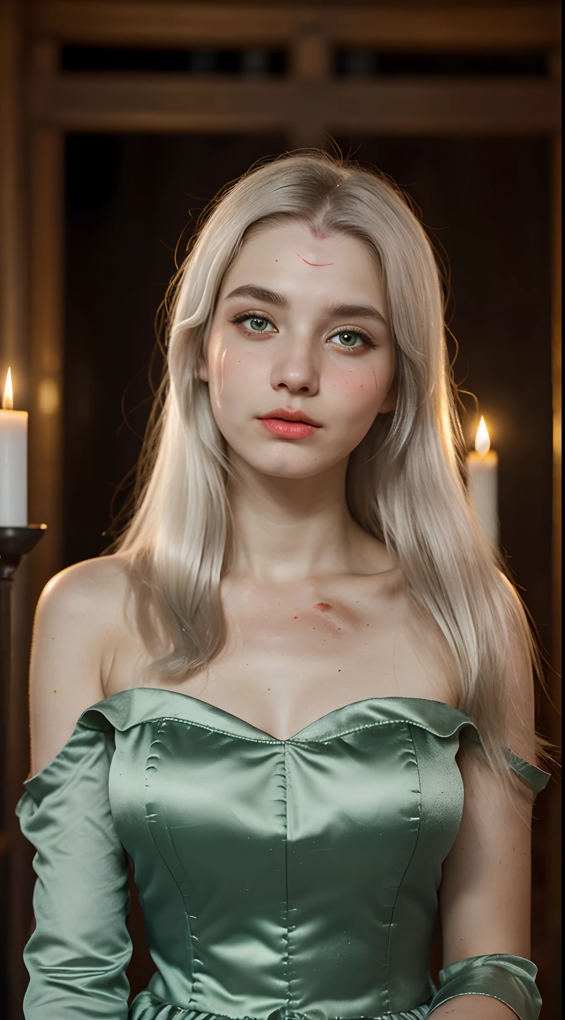 (((a deep reddish wound crosses her left cheek))) fair complexion, woman around 19 years old, natural white hair, distinctive green eyes, wearing kohl, slender and graceful, beautiful, candlelight in a medieval setting, ultra sharp focus, realistic shot, medieval female clothes, tetradic colors (scar:1.4)