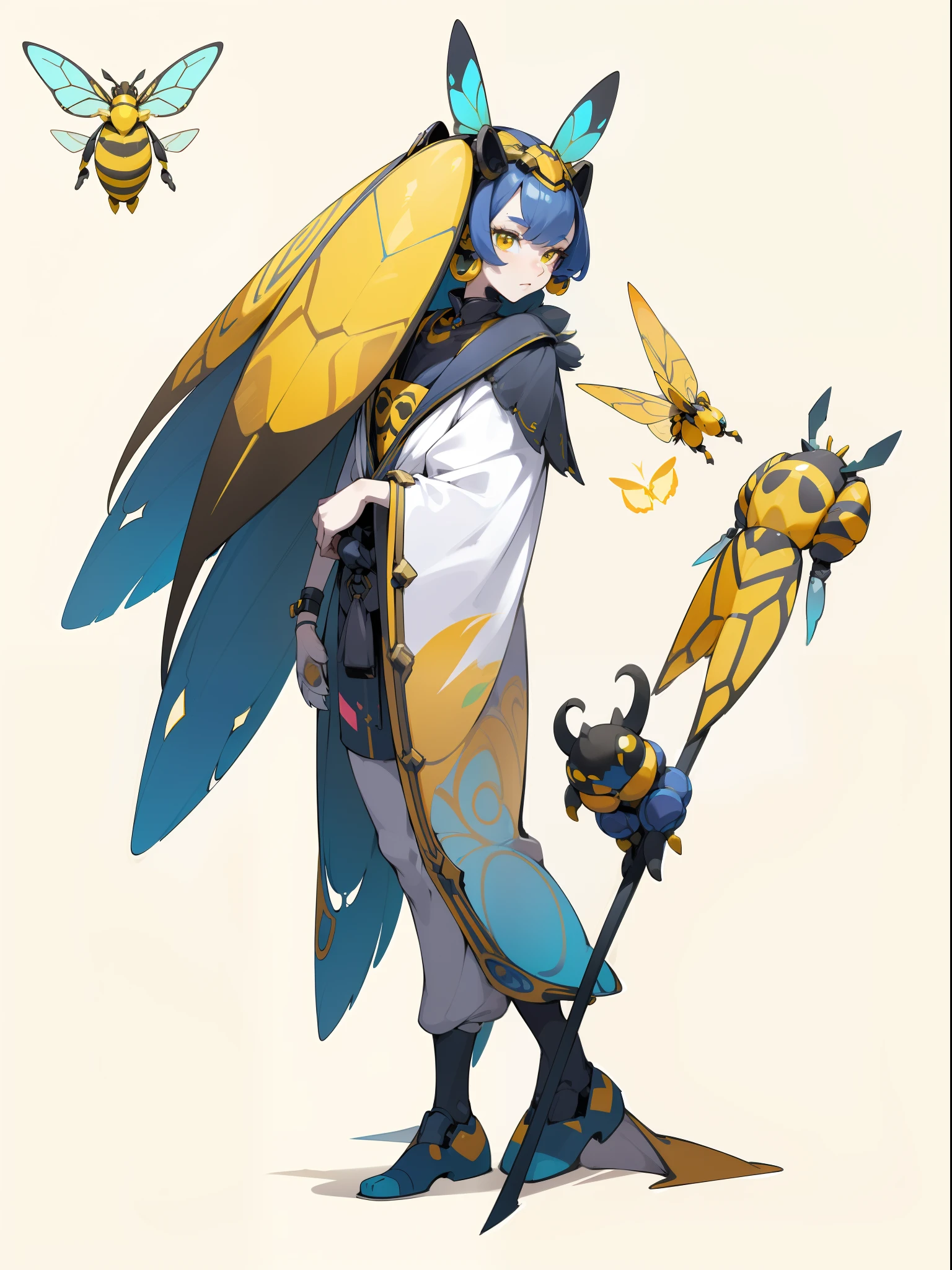 1 Anthropomorphism of bees, Full body standing painting，Solo, (tmasterpiece，top Quority，best qualtiy), ((Anthropomorphism of bees)), 独奏, Holding a black and yellow stick, (The main colors are yellow and black), human structure bee concept art, character design contest winner, cyberpunk bee, Great character design, Cyborg Wasp, Fantasy beekeeper, （（cyber punk style，machine arm，Hologram aura，Surreal Science Fiction Art，Future Science Fiction Aesthetics））, biopunk cyborg wasp, interesting character design, insect trainer girl, no type, cushart kenz, cyberpunk cyborg wasp, full body concept, high quality character design, character design art, ((very simple background))、(Game character design), white backgrounid（（（flatcolors）））