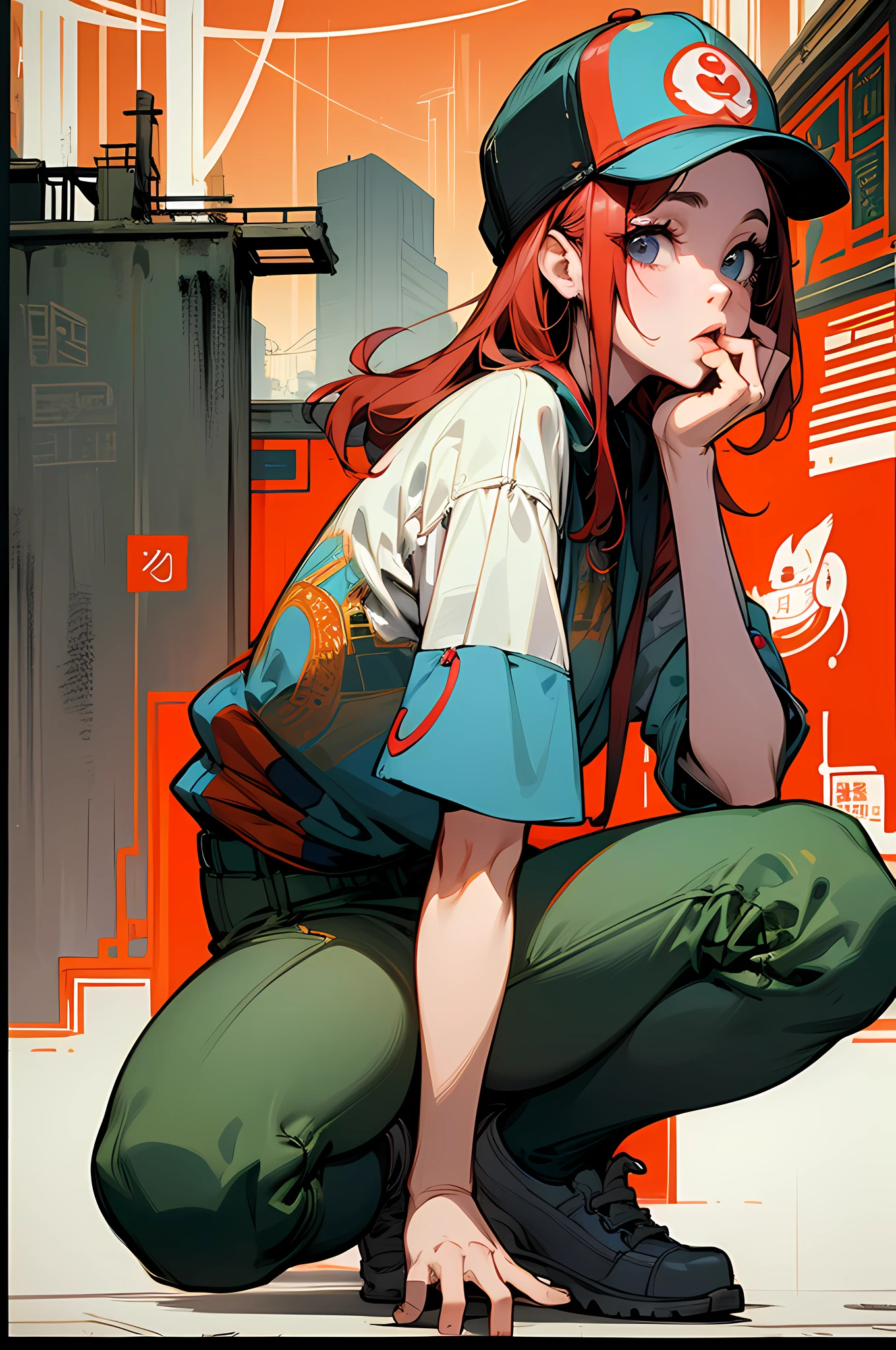 Movie poster with an ugly woman as the main character,Woman wearing hip hop girl costume、Standing confidently in the center of the poster,The background is Chinatown、Slum-like worldview、full bodyesbian、squatting、