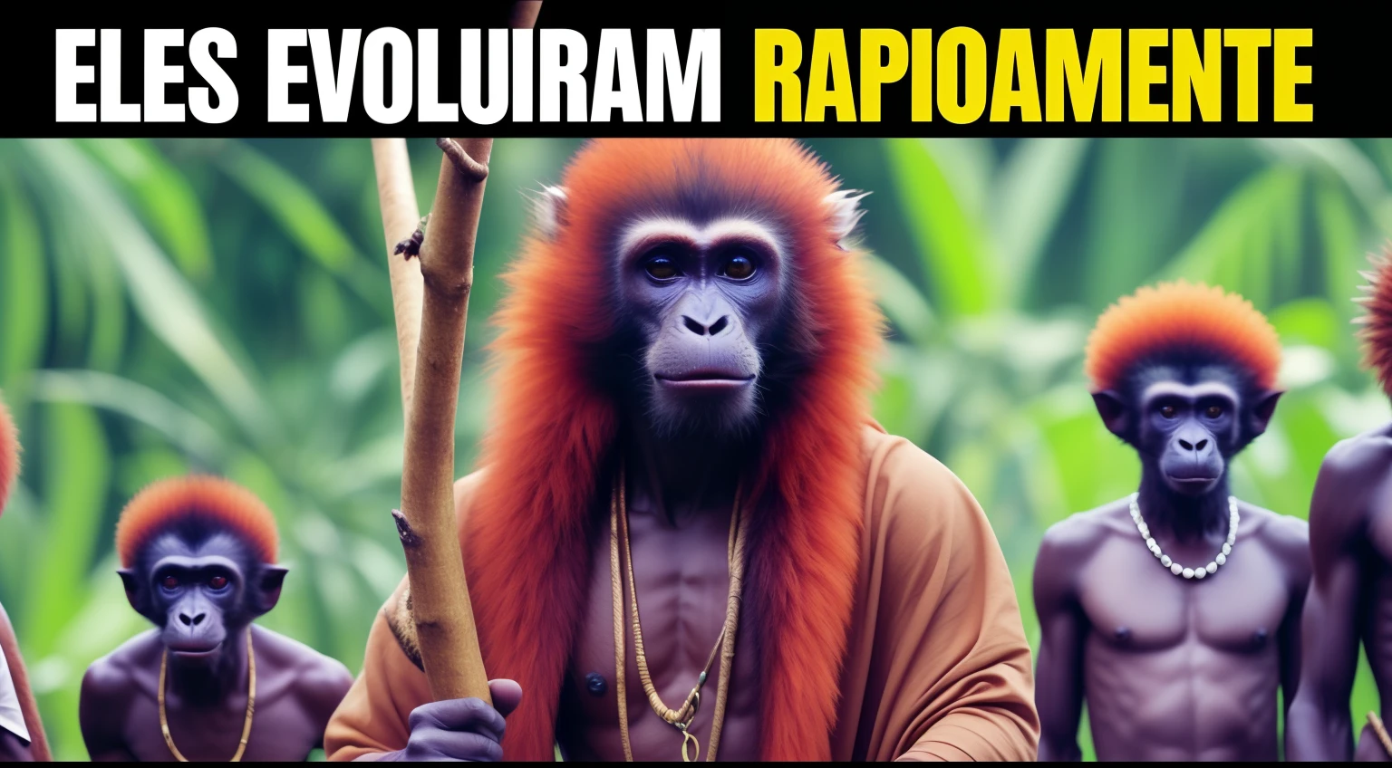 A closeup of a person with a stick in front of a group of people, Reptiliano, neo - primitivismo, neoprimitivismo, Evolution, human evolution, Rastafari, the most bizarre hybrid animals, orangotango, guerreiro Reptilianoo, Macaco, humanoid monkey fantasy race, sumatraism, em estilo de macacos primais