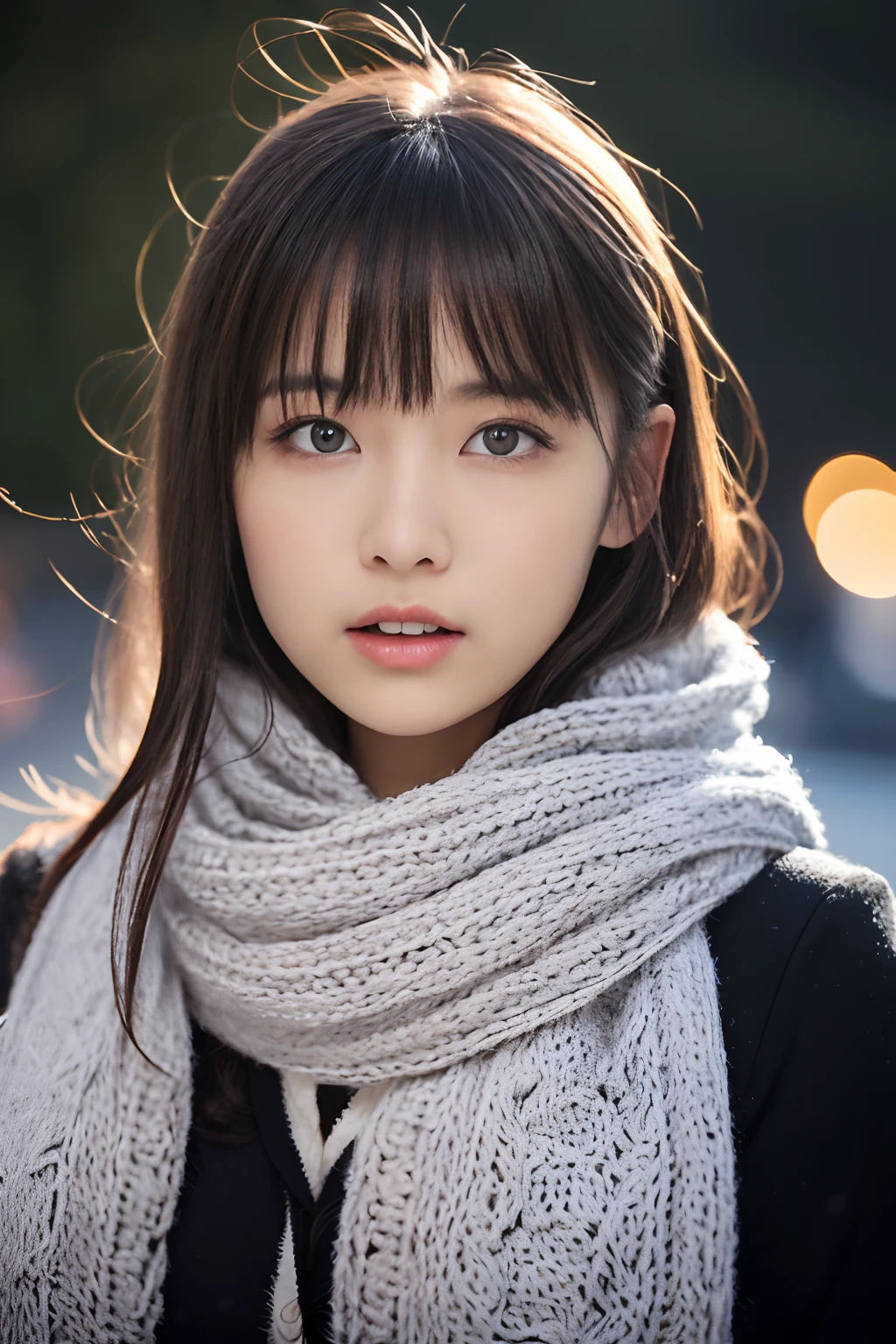 ((no-makeup、closes mouth:1.2))、(realisitic、Photorealsitic、ultra-detailliert、Highest Details Skins、top-quality、masterpiece、超A high resolution)、Cute Japan Woman、、hi-school girl、younggirl、1 girl in、I have bangs、二重まぶた、drooing eyes、Japanese style face、purity、double tooth、Realistic skin type、Thick muffler、Grey muffler、fluffy hair、((Hair is inside the scarf:1.3))、Red cheeks、The wind is blowing、It's snowing、natta、illuminations、Lighting from behind