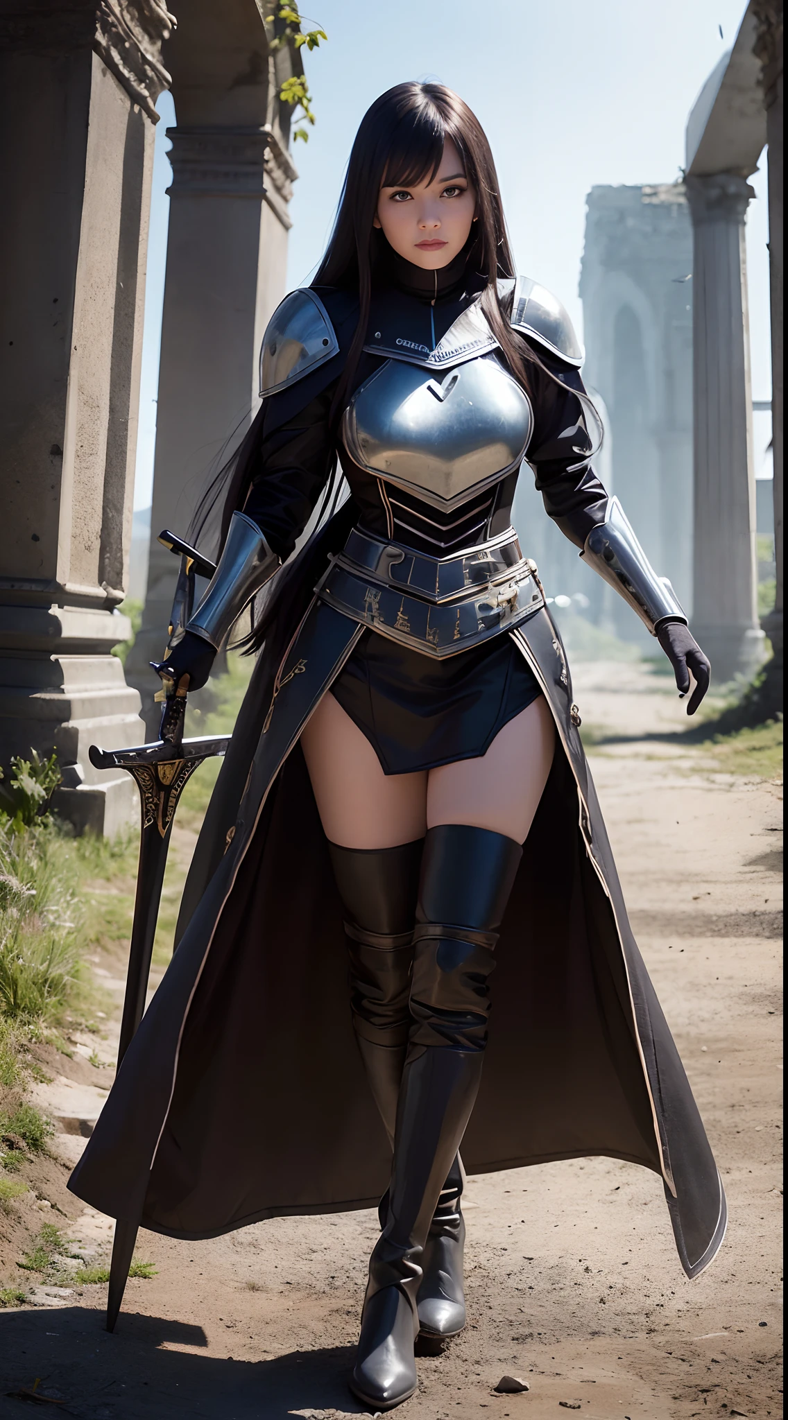 Pretty women, a woman in armor,Solo,Ukrainian,Black Armor,high heels boots,Full body portrait,Woman knight,Slender body,Sword and shield,cloaks,Perfect face and nice perfect face, Surreal concept, 8K resolution, photographic quality, Walk through the ruins, Photorealistic