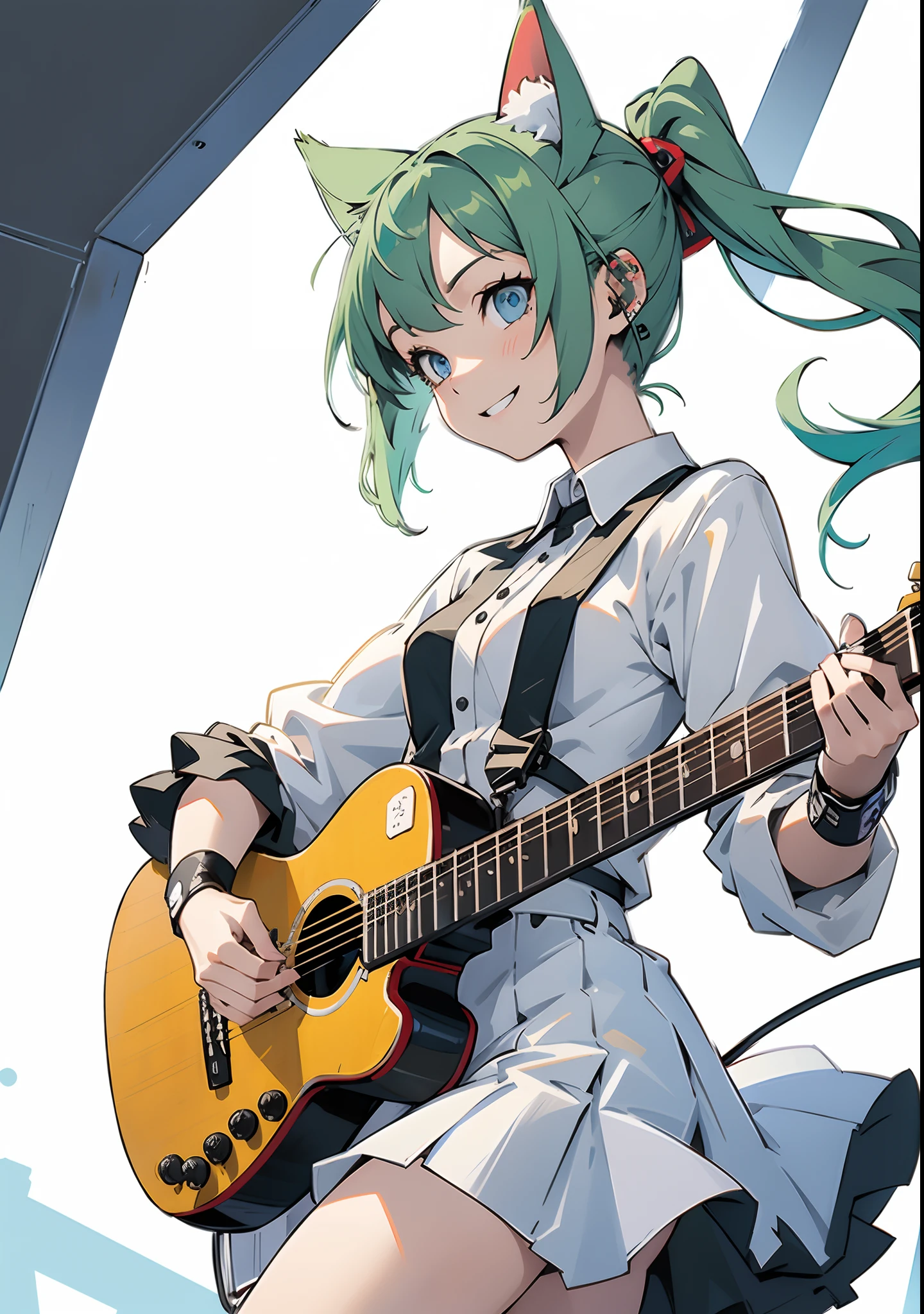 ((masutepiece, Best Quality))1girl in, Solo, Black Dress, Blue eyes, ((electric guitars)), headphones, double ponytails, Holding, holding plectrum, musical instrument, (long green hair), Music, One side up, Twin-tailed, (Cat's ears)、playing guiter、(The number of strings on the guitar is accurate)、White futuristic clothes, White shirt, interiors、With a smile