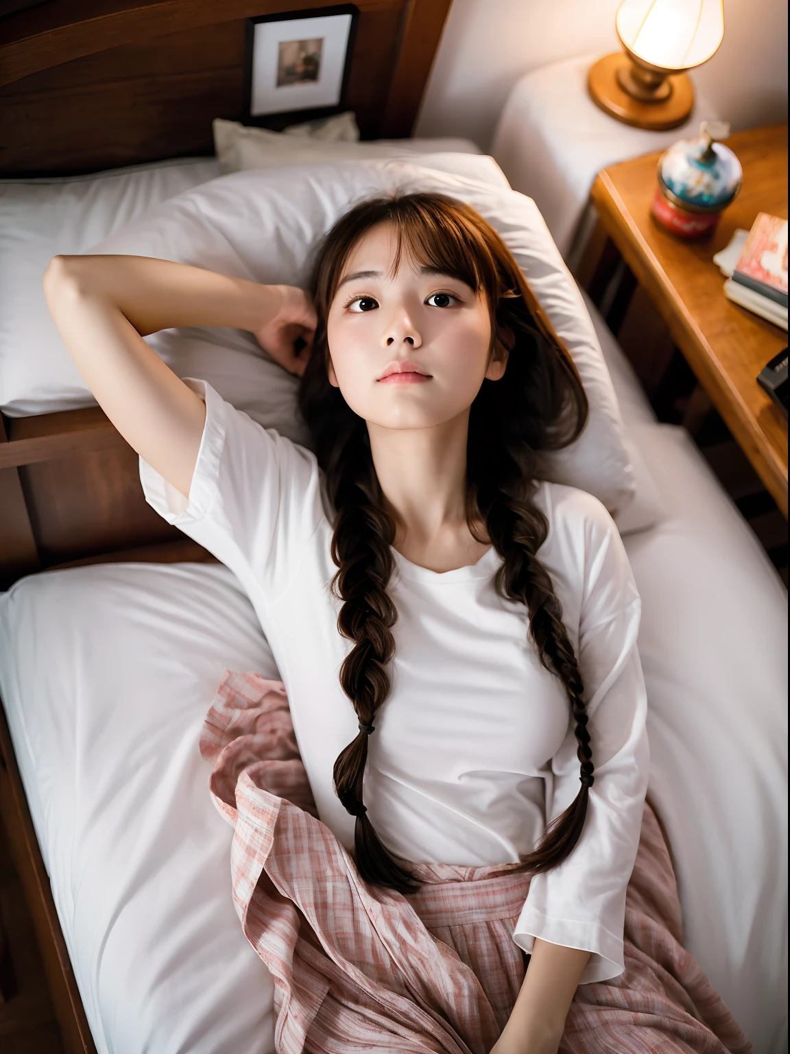 (Top image quality, 8K, masterpiece), top-quality, 超A high resolution,Japan Girl, 18year old、On a modern bed、Wearing a loose T-shirt、I'm lying face down and looking up.、 kawaii faces, Melancholy look, 二重まぶた、large full breasts、Twin braid hairstyle、Fairytale room、电影灯光, Photorealsitic, real looking skin, nffsw, 35 mm, Shot with Leica,
