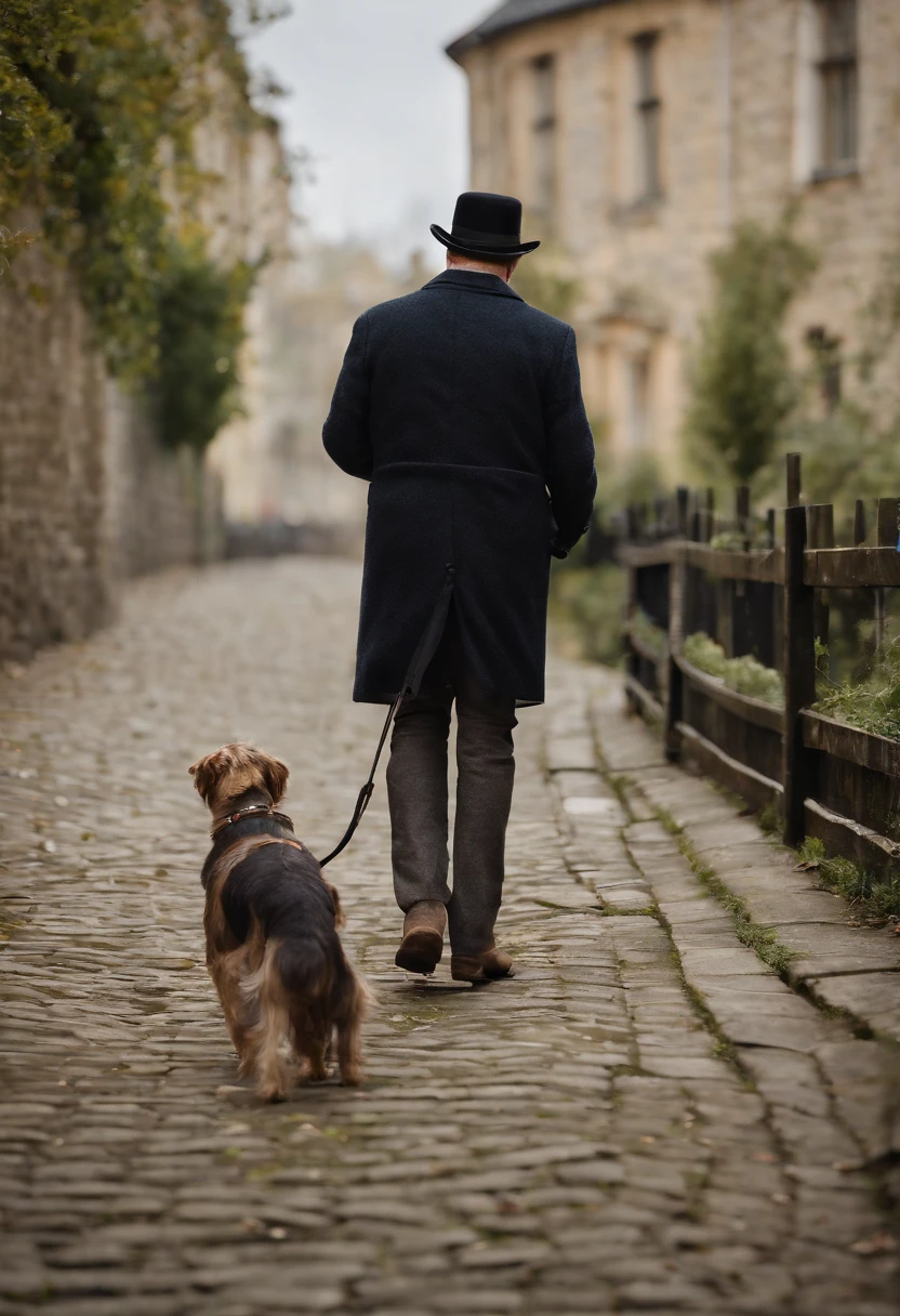 artwork by Sam Toft, A man in a hat walking his dog,simple scene,illustration for children