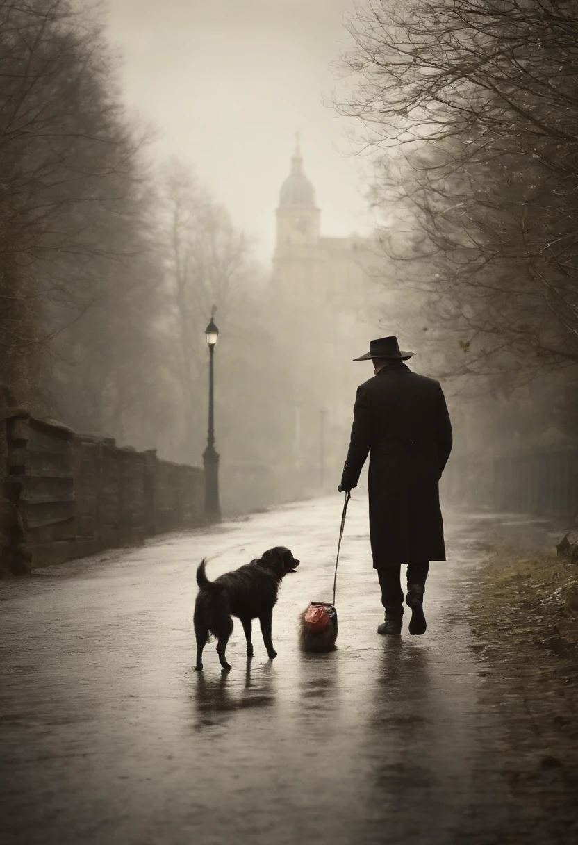 artwork by Sam Toft, A man in a hat walking his dog,simple scene,illustration for children