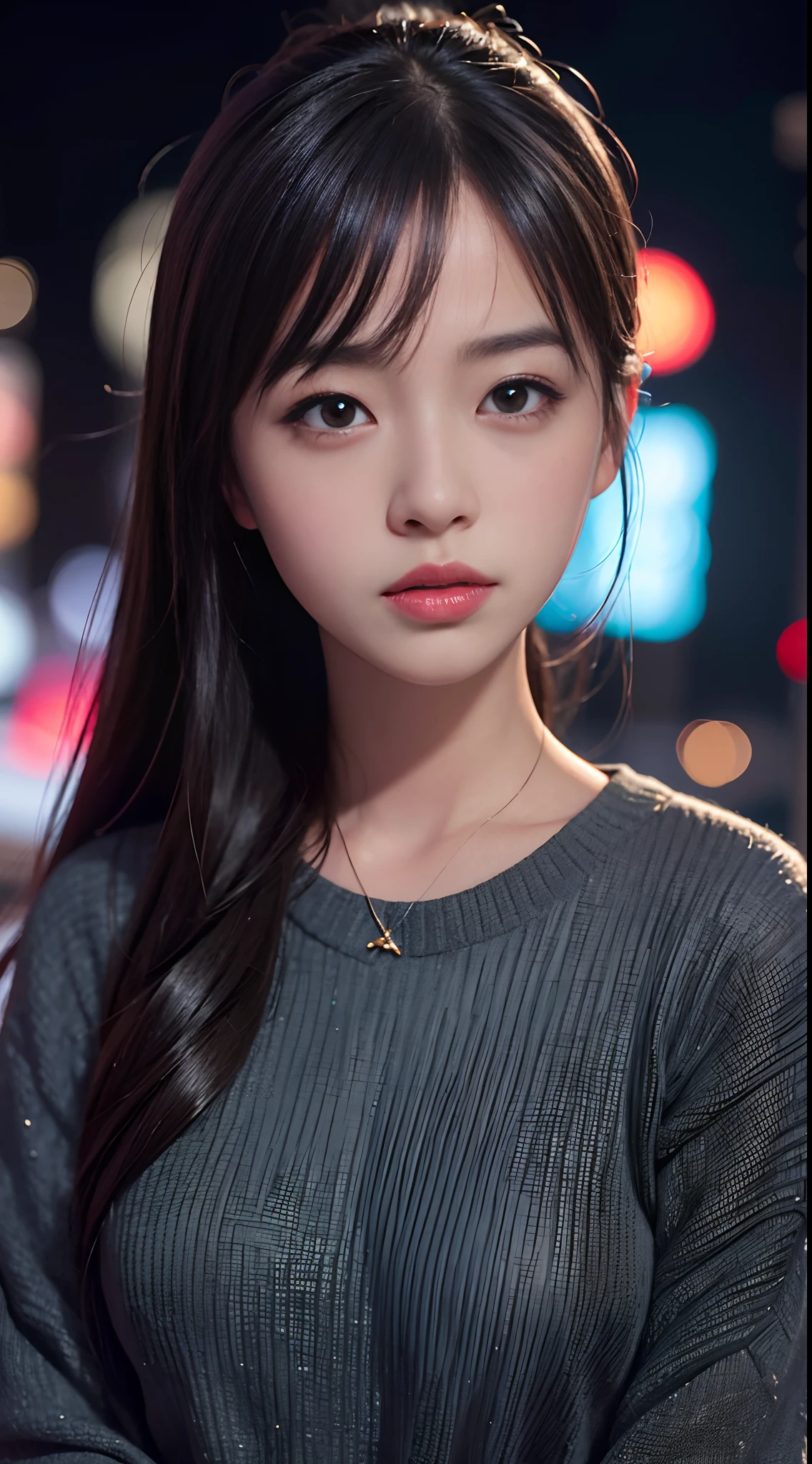1girl, Tokyo street,night, cityscape,city lights, upper body,close-up, 8k, RAW photo, best quality, masterpiece,realistic, photo-realistic,