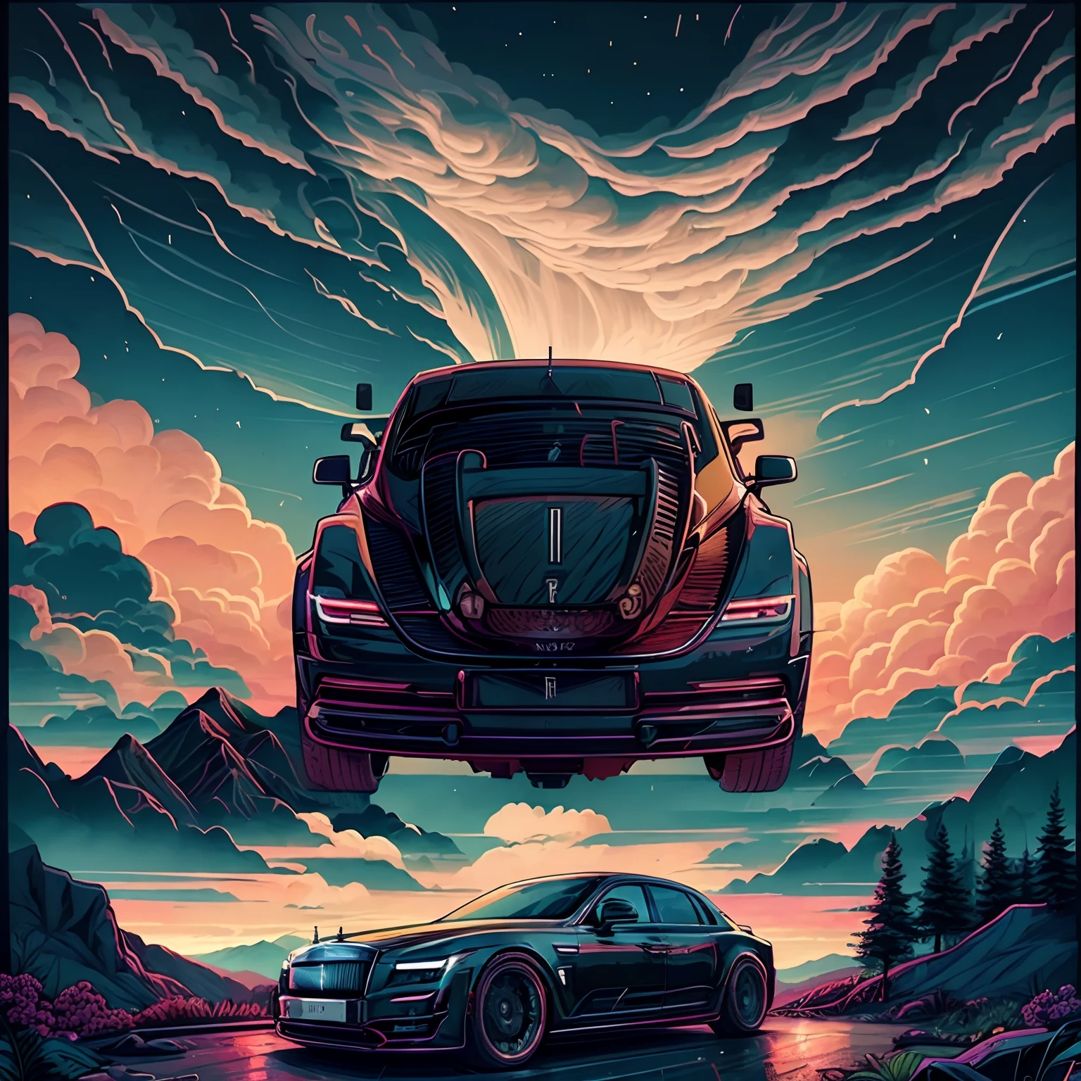 Rolls-Royce Phantom+camper+Pop-up roof+Porsche Carrera 4GTS+colourfull+longbody+computer graphics+oblong+illustratio