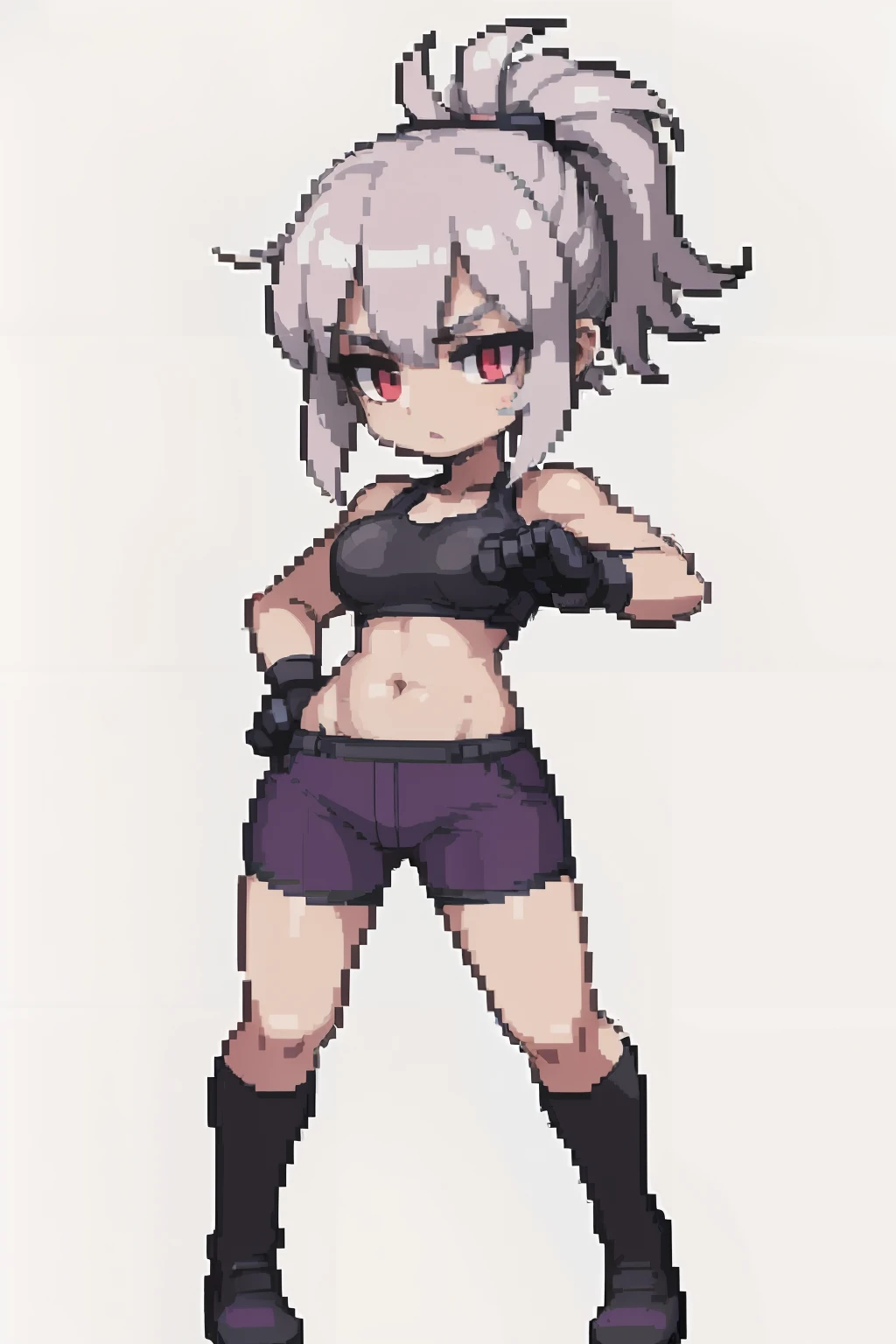 (masterpiece, top quality, best quality, less detail, 8-bit color, soft color), pixel,pixel art,1girl,fullbody,ready to fight,attack pose, smack studio, separate body for edit,easy for editing,#03253a background , purple short pant, short hair, vampire girl, red eyes, silver hair,simple jacket,white bra on top, 6 pack abs