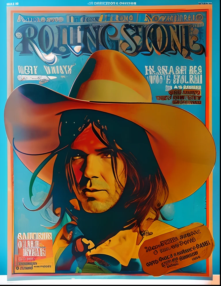 a close up of a magazine cover random chaos with a person wearing a hat, neil young, neil young design, rollingstone magazine, 1976 magazine cover, from 1977, 1970 photo from live magazine, cover story, 1 9 7 3 photo from life magazine, 1973 photo from life magazine, magazine cover art