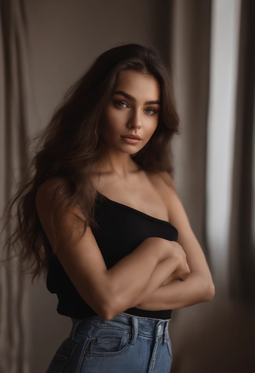 Femme arafed , hispanic, fille sexy aux yeux bruns, Portrait Sophie Mudd, cheveux bruns et grands yeux, selfie of a young woman, Yeux de chambre, Violet Myers, sans maquillage, maquillage naturel, looking straight at camera, Visage avec Artgram, Maquillage subtil, Superbe photo du corps entier, dans la chambre, clivage