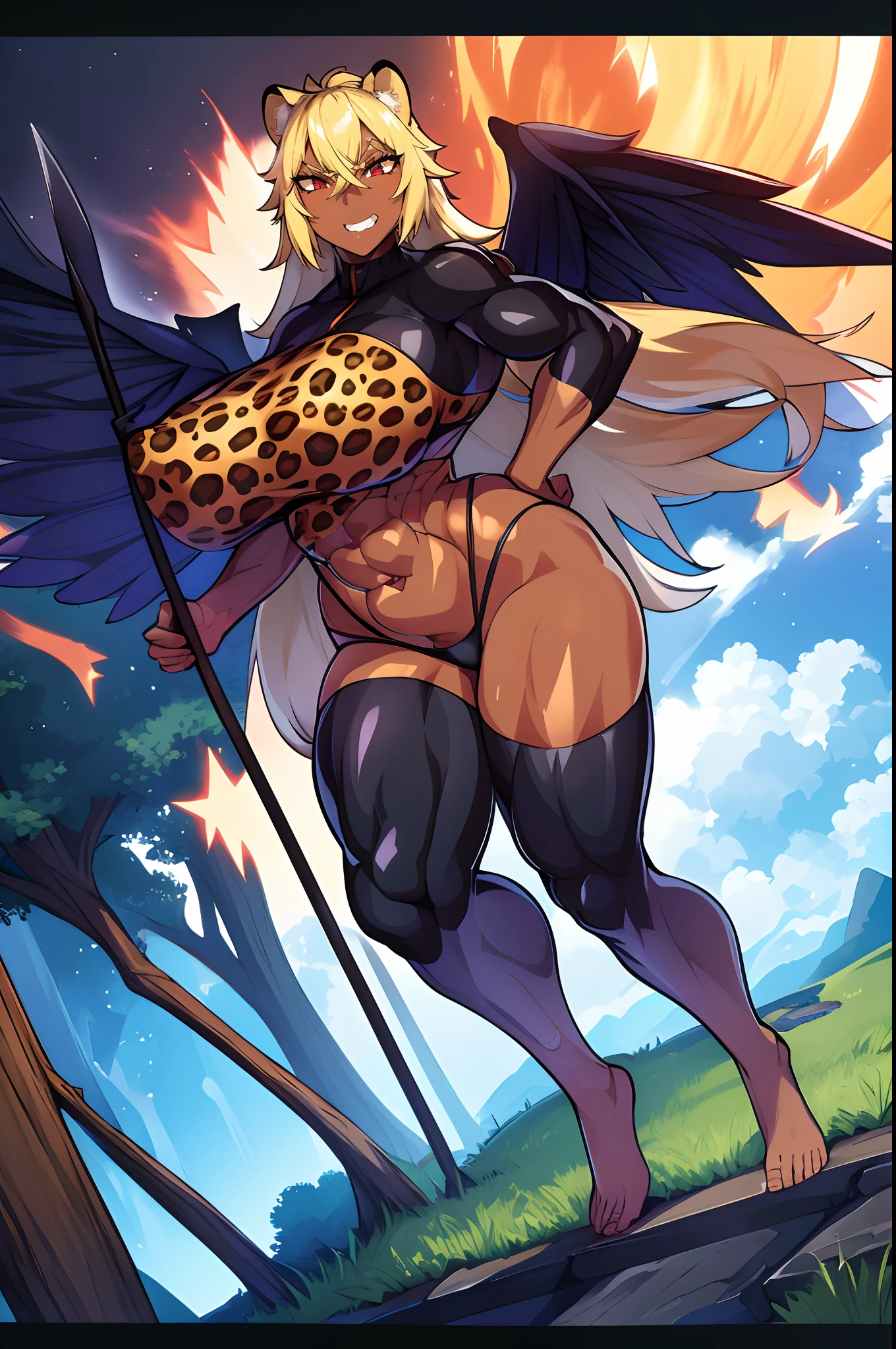 Muscle girl, dark-skinned woman, big chest, wings, happy,, coat jacket, portrait, 1character, full body, walking, ,village, farm, , forest,flipflops,blond hair, revealing cloth, leopard cloths , barbarian,wings, animal ears, light smile, ear blush, fang, Surrealism, drop shadow, anaglyph, stereogram, tachi-e, pov, atmospheric perspective, Romanticism, Renaissance, 8k, super detail, ccurate, best quality, best quality, high quality, super detail, anatomically correct, UHD, retina, masterpiece, textured skin, ccurate, high details, award winning, highres, 1080P, HD, 4K, staff holding, angel wings, red eyes, panty, panties