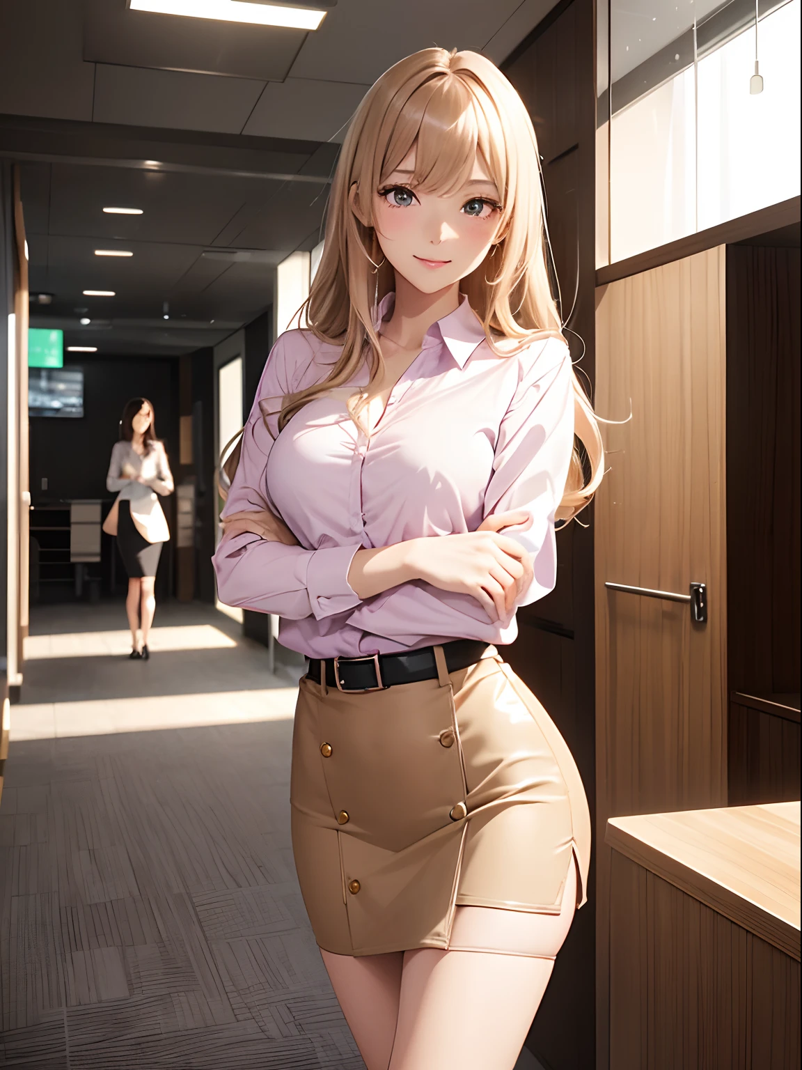 (masutepiece:1.3), High resolution, ultra-detailliert, the Extremely Detailed CG Unity 8K Wallpapers, Realistic, Photorealsitic, Raw photo, beautifull detailed face, pale skin, realistic glistening skin, Detailed Cloth Texture, detailed hair texture, Perfect body, Beautiful face, acurate, Anatomically correct, Highly detailed face and skin texture, Natural neck length, (Beautiful hands), (Fair skin:1.2), thin legs, Thin feet,
BREAK,
Detailed eyes, symmetrical eye, Light brown eyes, Double eyelids, Thin eyebrows, (Glossy lips:1.4), ((gently smiling:1.2)), (blush:1.1),
BREAK,
(Classy and cute girl:1.3), (Wearing a classy light purple button shirt:1.2), (Wearing a miniskirt with a pencil skirt:1.2), Pink bra, Pink panties,
medium large breasts, (Slender figure:1.1), Firm abs, Beautiful collarbone,
(Dark blonde hair, Wavy Hair, Long hair:1.2), ((asymmetrical bangs:1.2)),
BREAK,
((Stand inside the reception:1.1)), (In a modern office building in Japan:1.2), (Cowboy Shot:1.2), Looking at Viewer, from the front side,