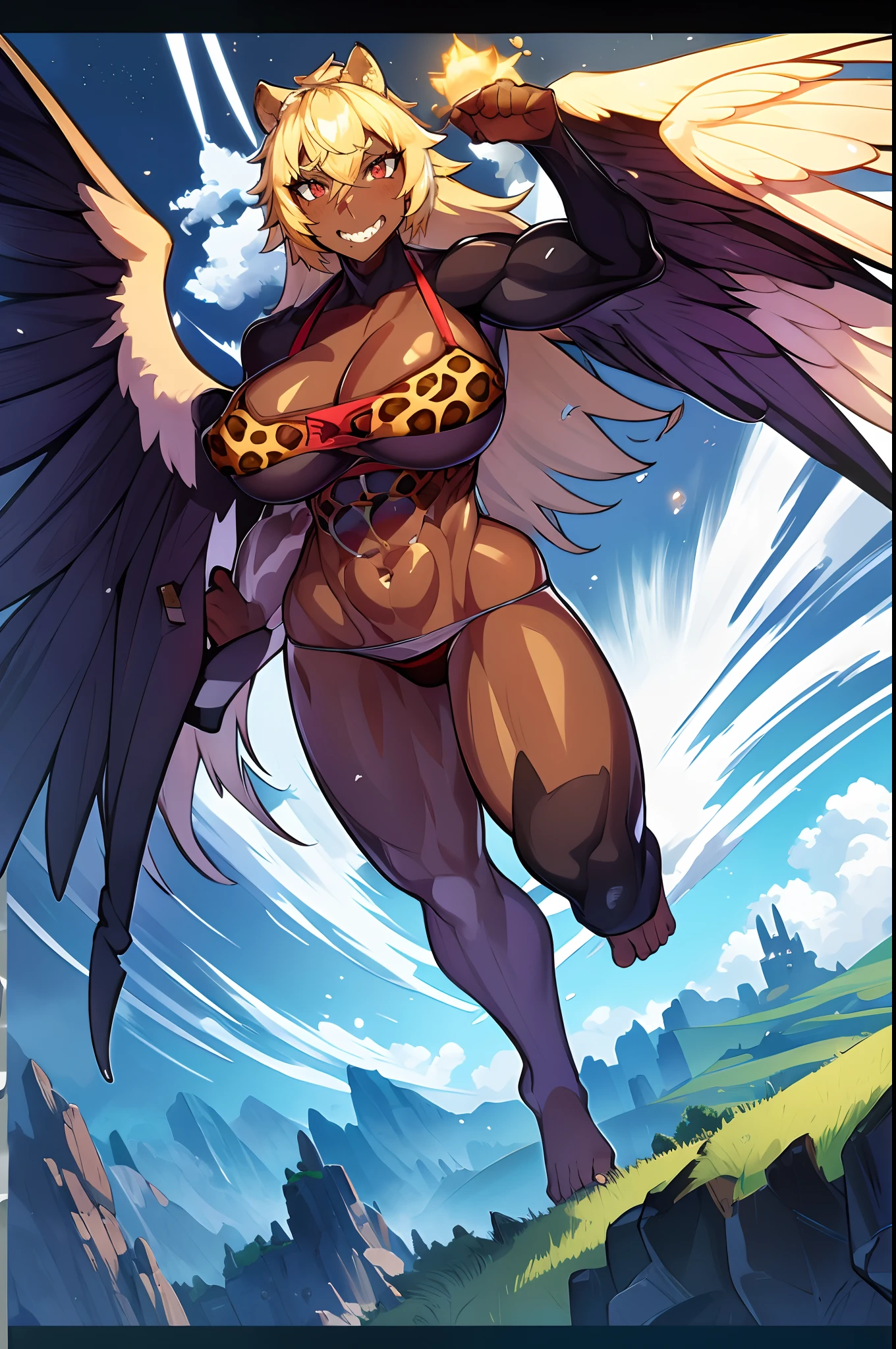 Muscle girl, dark-skinned woman, big chest, wings, happy,, coat jacket, portrait, 1character, full body, walking, ,village, farm, , forest,flipflops,blond hair, revealing cloth, leopard cloths , barbarian,wings, animal ears, light smile, ear blush, fang, Surrealism, drop shadow, anaglyph, stereogram, tachi-e, pov, atmospheric perspective, Romanticism, Renaissance, 8k, super detail, ccurate, best quality, best quality, high quality, super detail, anatomically correct, UHD, retina, masterpiece, textured skin, ccurate, high details, award winning, highres, 1080P, HD, 4K, staff holding, angel wings, red eyes, panty, panties