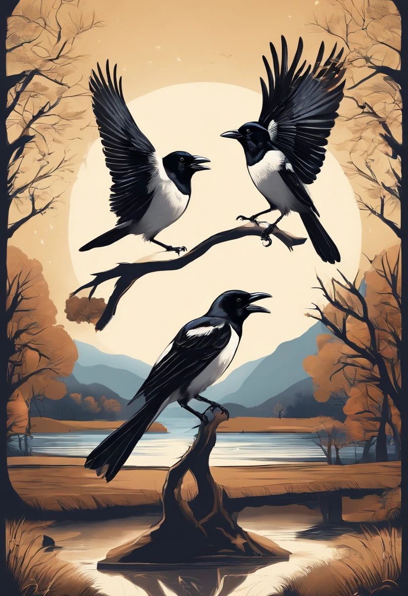 The best images, Illustration-style line border depiction, Two magpies standing on two legs, Magpie swing dancing, Spread your wings, Backgrounds are monochromatic, spotlights, Bright atmosphere