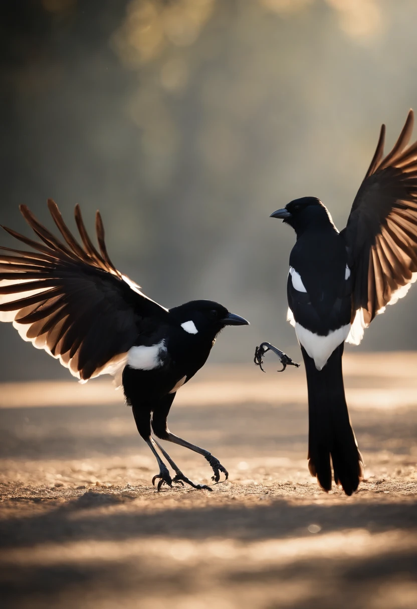 The best images, Illustration-style line border depiction, Two magpies standing on two legs, Magpie swing dancing, Spread your wings, Backgrounds are monochromatic, spotlights, Bright atmosphere