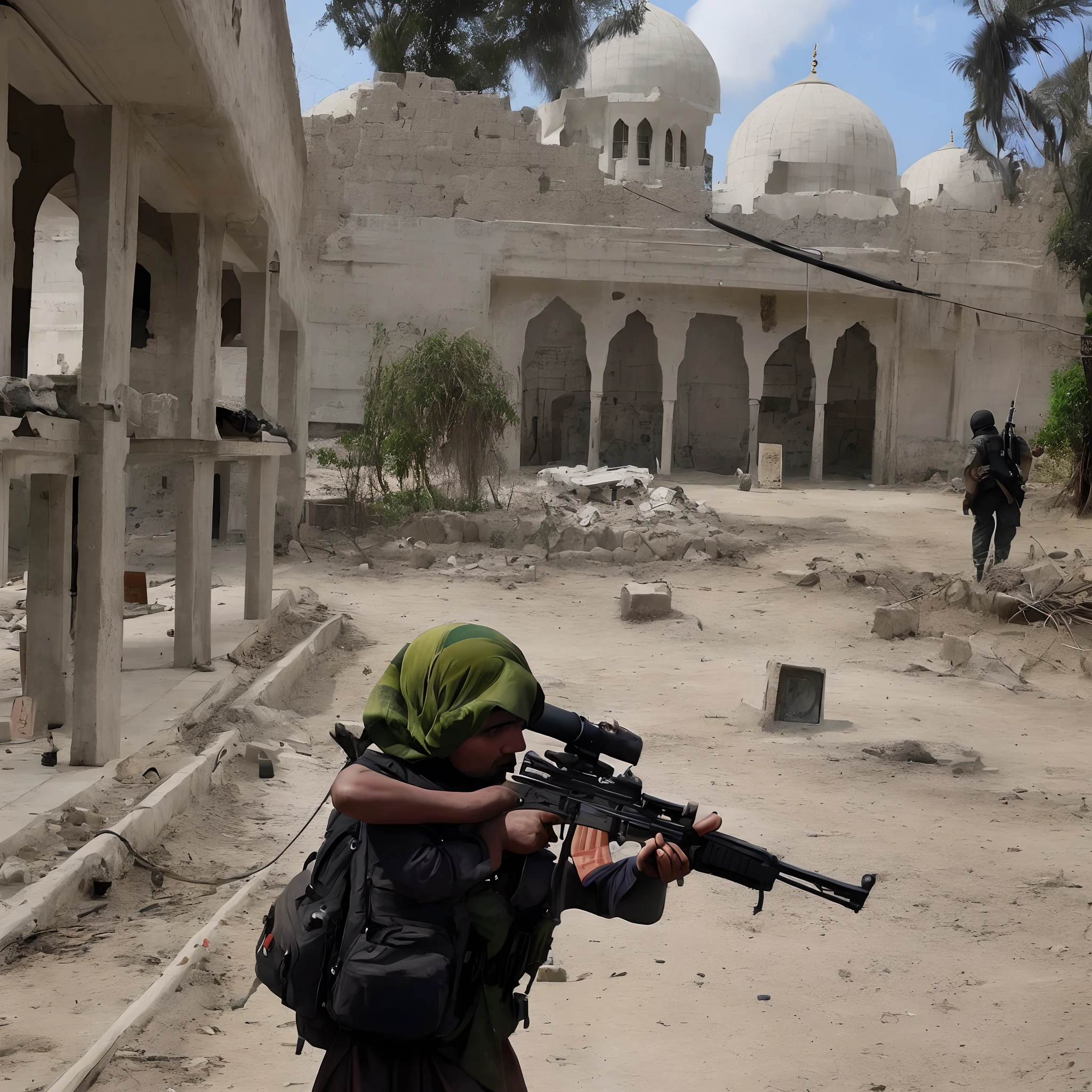 Protecting the dead of Palestine as a citizen of Bangladesh, the war is going on, I have my name written big on my back, Arfin. Ak47 in my hand Mosque in front