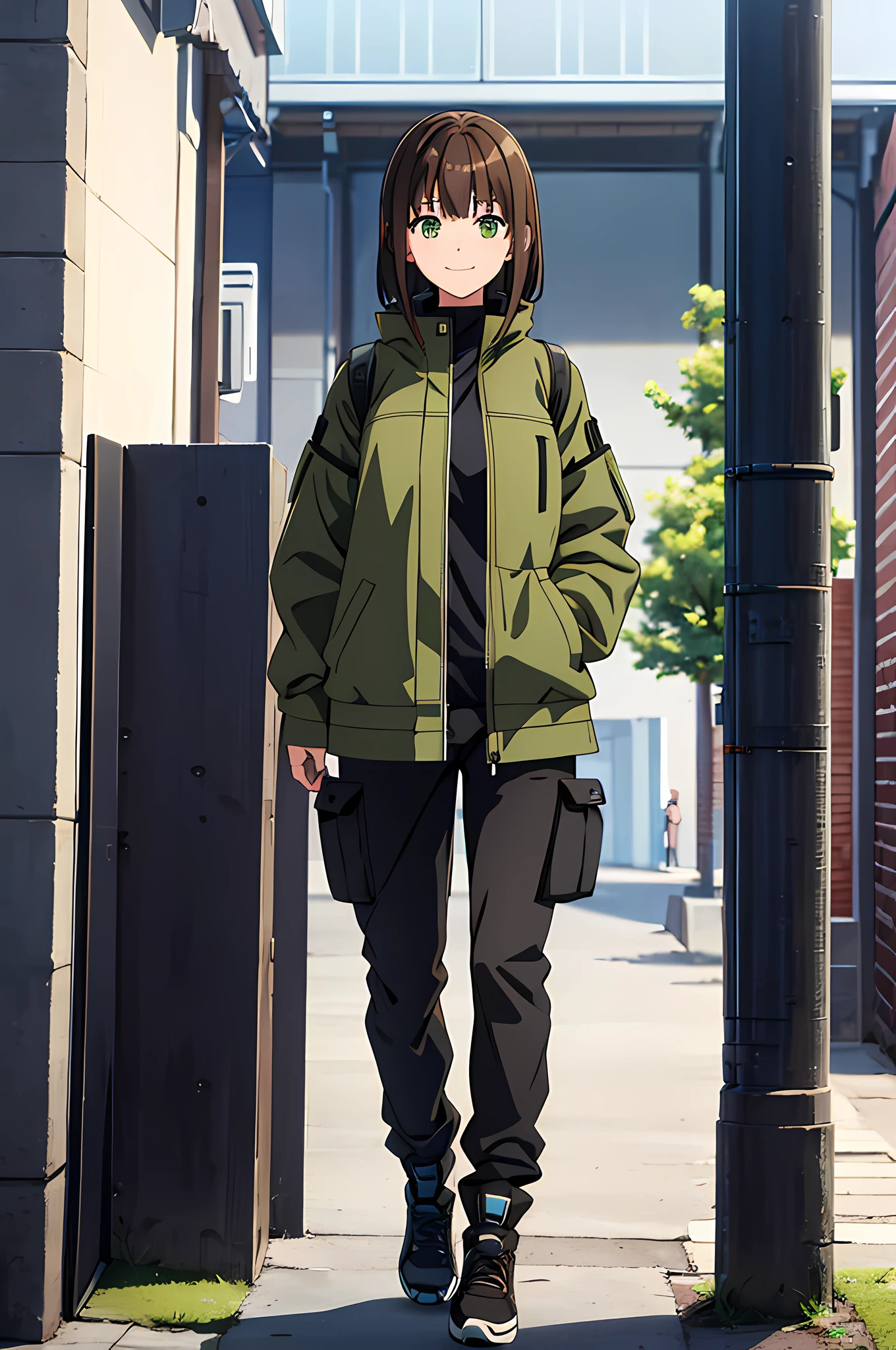 anime girl about 18 years old with greenish eyes and brown hair and bangs wearing a techwear outfit with black cargo pants and greyish jacket walking in the european village, walking awya from the viewer. tilting head towards us. image from a distance so the person is full visible, studio shaft style, hair are shoulder-length, smiling, looking to the side
