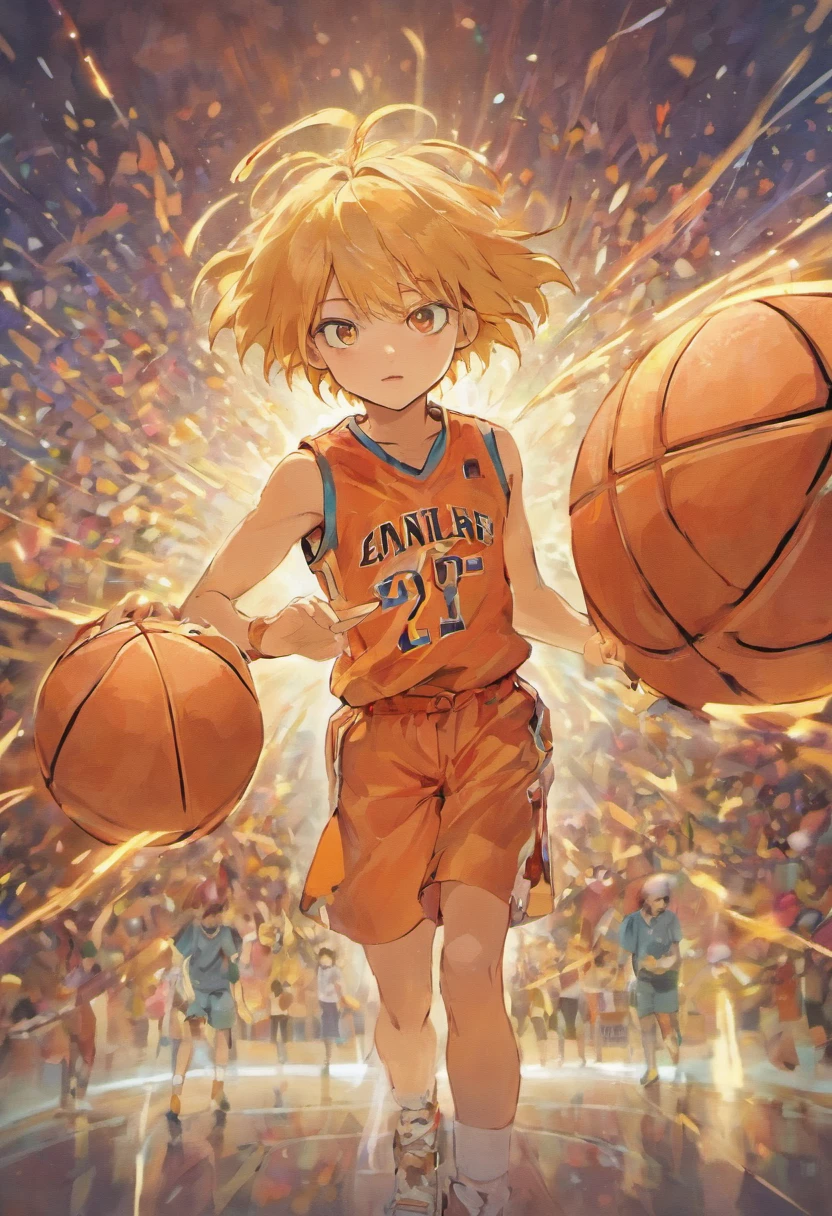 Youthful and hot-blooded，Bright tones ，The backs of five basketball players，Small proportions of the characters，They walked forward with basketballs，The two players put their arms around each other，The sky is above the sky，Clouds fluttering，There is no uniform number duplication，Cartoon style，Hand detail optimization