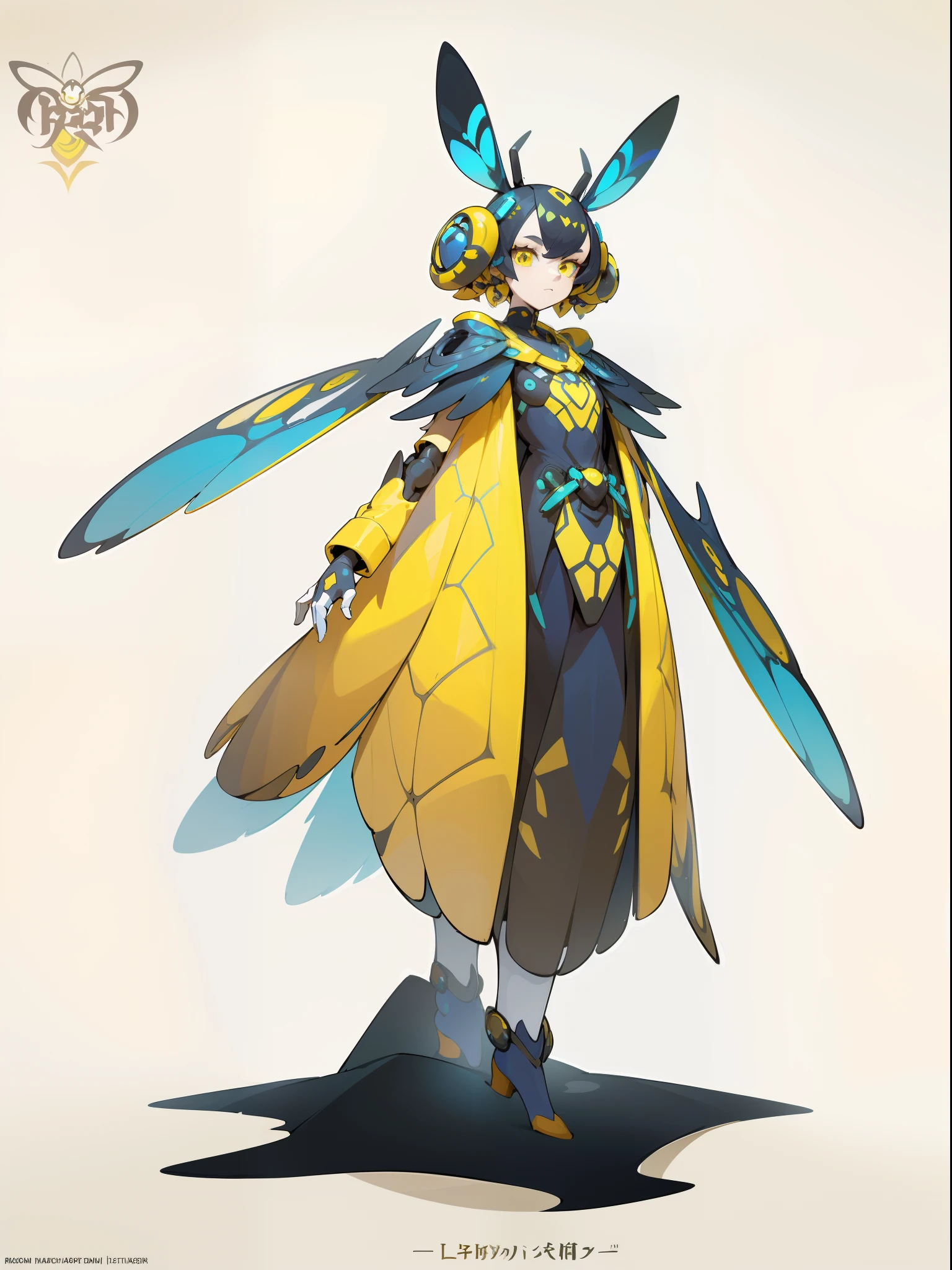 1 Anthropomorphism of bees, Full body standing painting,Solo, (tmasterpiece,top Quority,best qualtiy), ((Anthropomorphism of bees)), 独奏, Holding a black and yellow stick, (The main colors are yellow and black), human structure bee concept art, character design contest winner, cyberpunk bee, Great character design, Cyborg Wasp, Fantasy beekeeper, ((cyber punk style,machine arm,Hologram aura,Surreal Science Fiction Art,Future Science Fiction Aesthetics)), biopunk cyborg wasp, interesting character design, insect trainer girl, no type, cushart kenz, cyberpunk cyborg wasp, full body concept, high quality character design, character design art, ((very simple background))、(Game character design), white backgrounid(((flatcolors)))