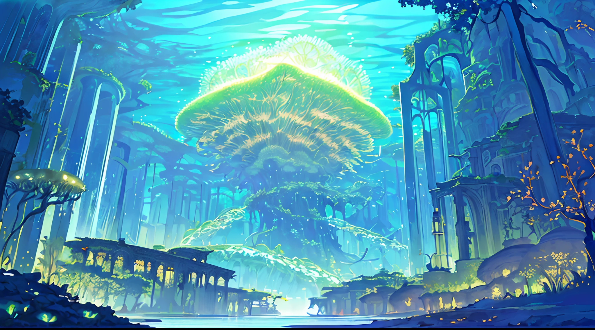 Masterpiece, High Quality, Ocean Forest, City, Fantastic Fantasy, Glowing Plants, Coral Viaduct, (Swarm of Glowing Jellyfish), (Shoal of Fish with Transparent Wings Flying in the Sky), Misty, Extreme Detail, Morning Light, Epic Composition, (Intricate Detail), (Intricate Design, Ultra Detail: 1.2), Art Station, (Masterpiece, Best Quality), Ultra HD, 32k ,castle,1girl --v 6