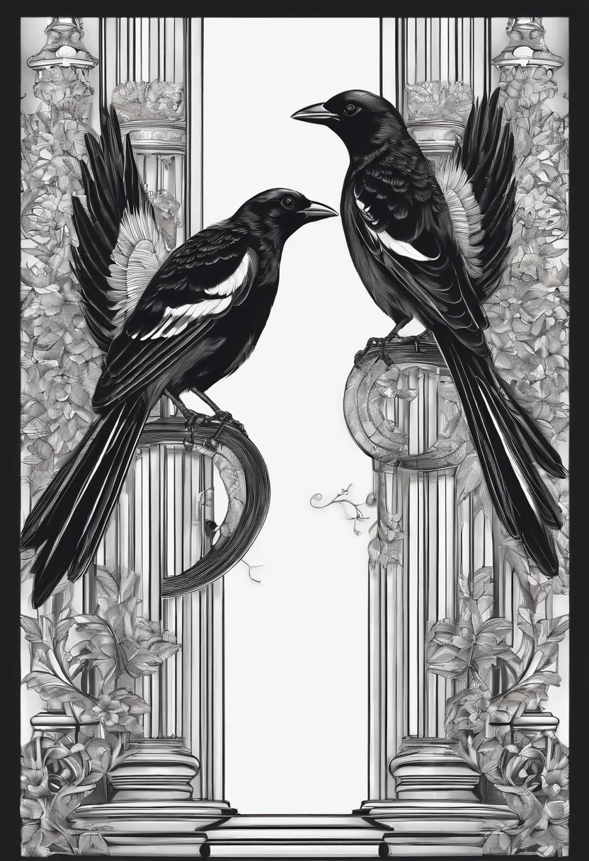 2D illustration, Illustration-style line border depiction, Two magpies standing on two legs and swinging dance, Spread your wings, The wings are stacked, Backgrounds are monochromatic, spotlights, Bright atmosphere