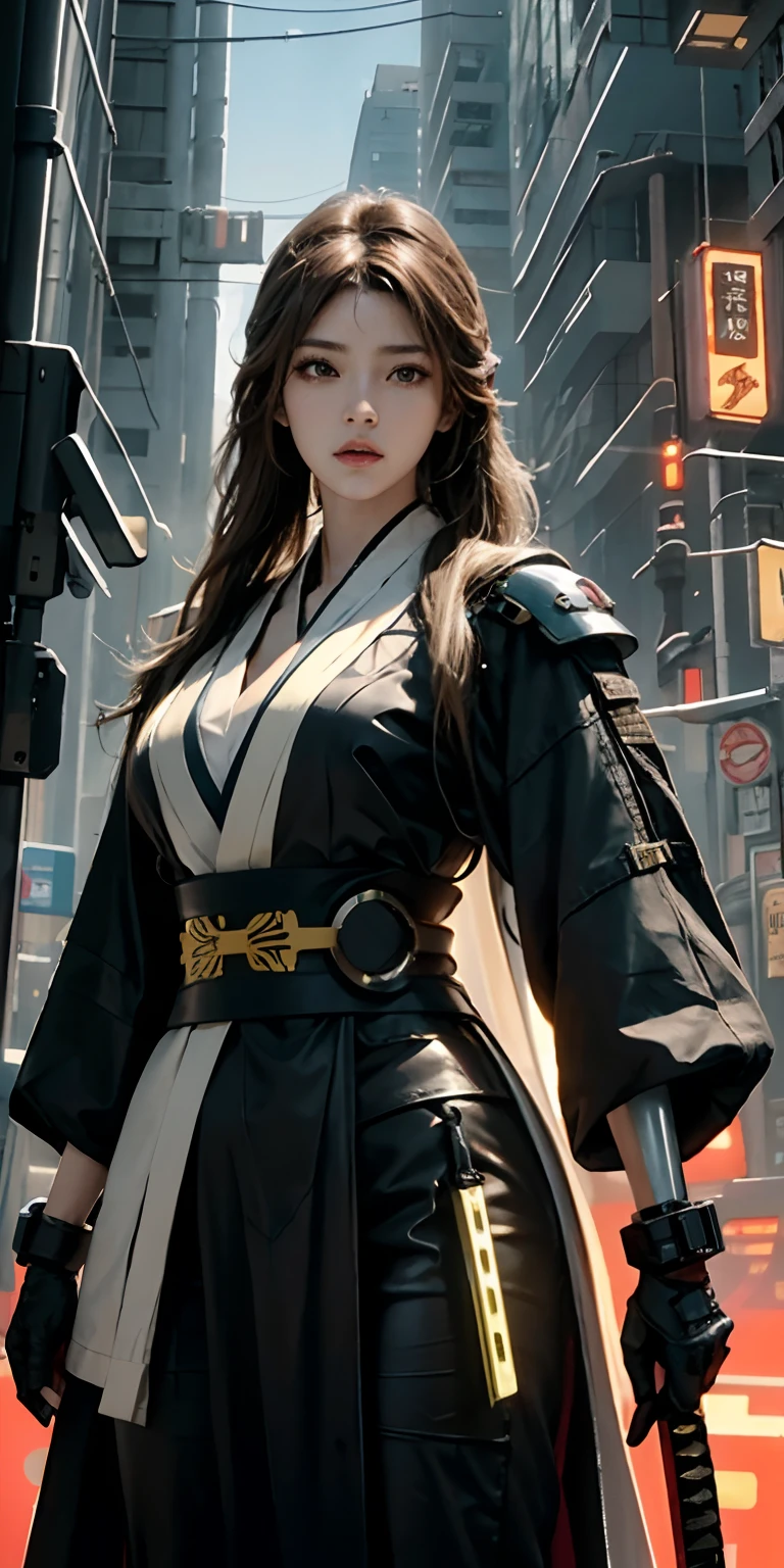 photorealistic, high resolution, soft light,1women, solo, hips up, (detailed face), yellow long hair, cybersamurai, cyborg, cyberpunk, cyber armor, holding weapon,glowing,on the street , kimono , sniper looking at the target, katana