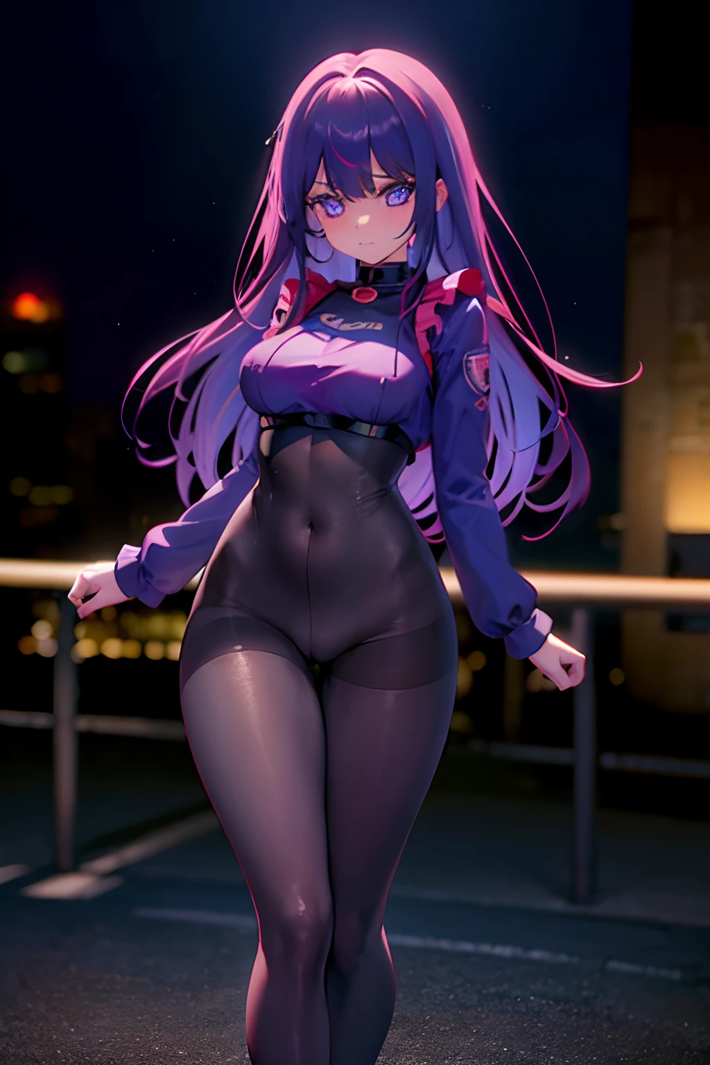 1人, Beautiful face, lila Haar, pantyhose Bodysuit, bedeckter Bauchnabel, lila Augen, Hüftwind, niedlich, Schauen Sie sich den Viewer an, Night Town, Neon, Legs, feet, standing