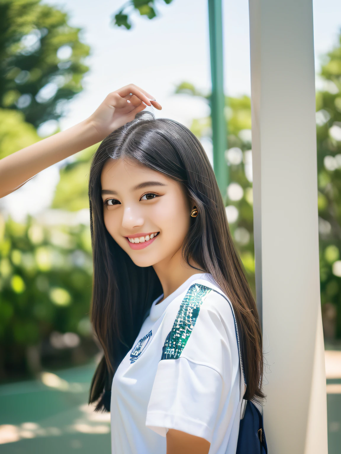 (full body),1 girl,high school student,(plain white t-shirt:1.2),light smile,
master piece,8k,(master piece,ultra high resolution:1.5),(master piece,photorealistic:1.5),(master piece,best quality,ultra detailed:1.5) master piece,detailed eyes,master piece,detailed face,
