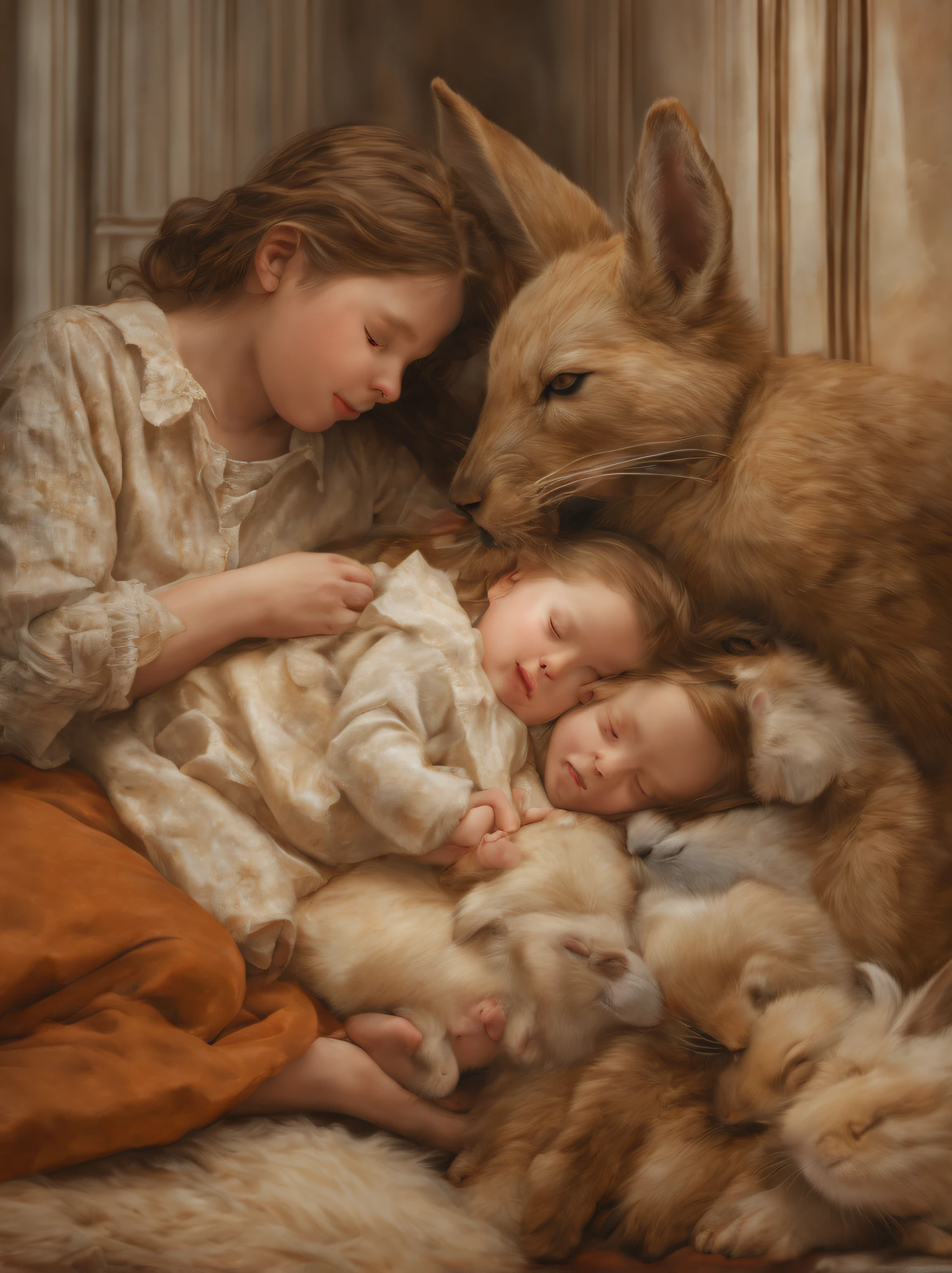 Best Quality, Realistic, 8K, Photorealistic, award-winning illustration, (Intricate details: 1.4), (delicate detail), (Intricate details:1.2), Perfect portrait composition, perfect expression, Puriasant Face, A very cute girl of 3  is sleeping, A rabbit sleeps next to a little gilist paintings by McConnor, pexels, Realism, Warm color background, (Creates a contrast between realistic and artistic elements of the image:1.4)、masutepiece、the golden ratio、8ｋAnd then、