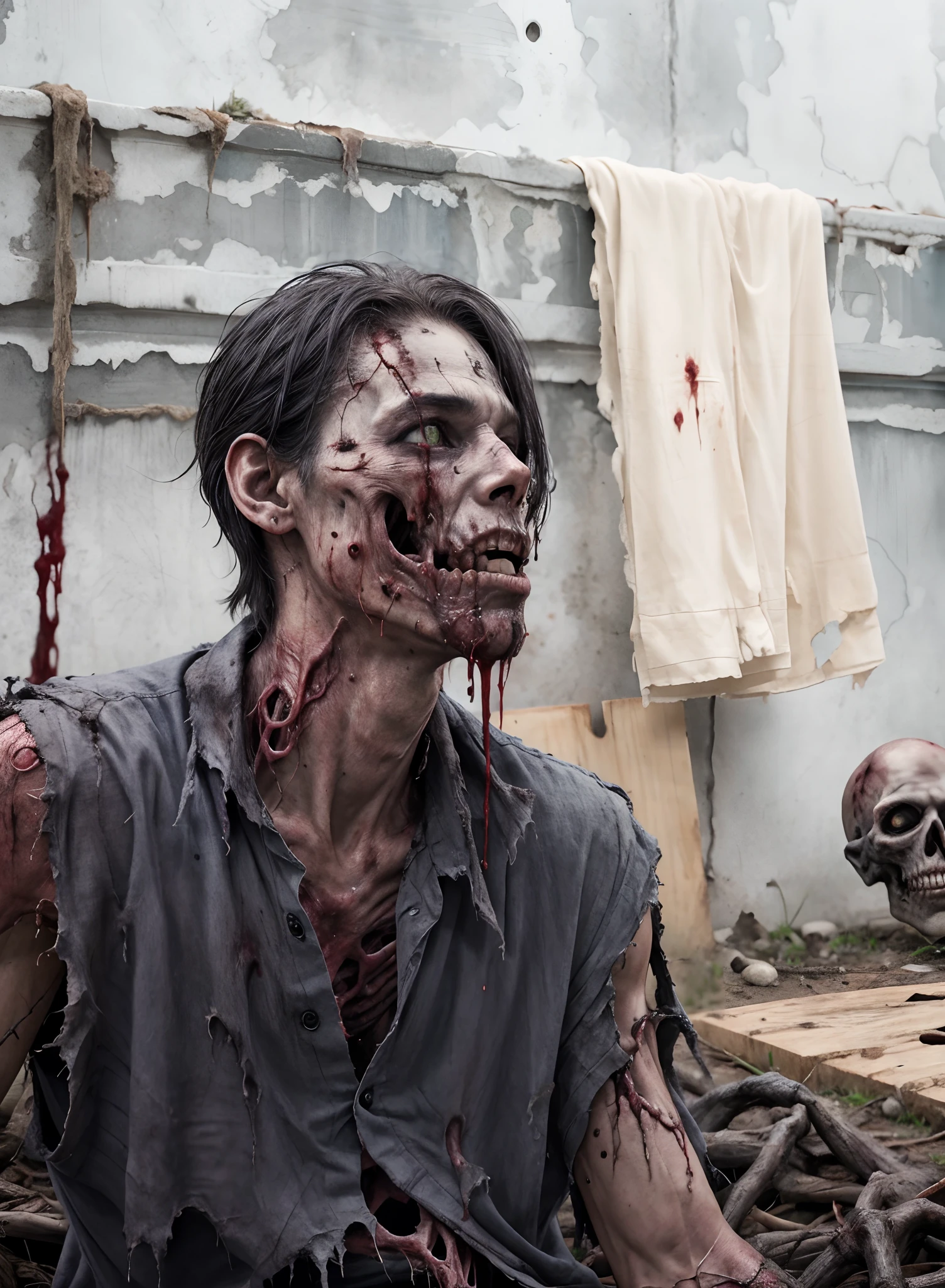 ghoul, entrails, crawling, 1boy, male focus, blood, torn clothes, empty eye sockets, green skin, blue skin,