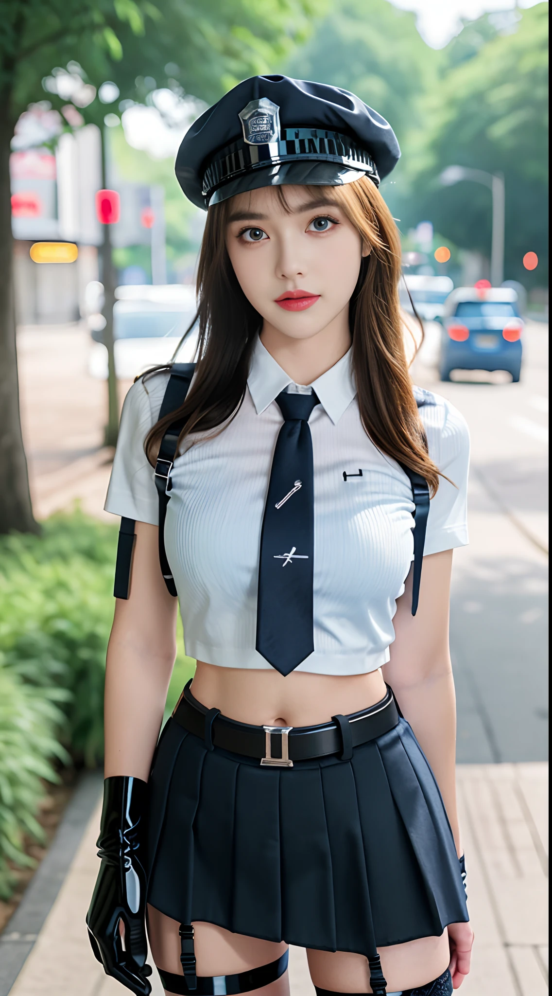 ((masterpiece:1.3)), 1girl solo, eye focus, ((1girl)), ((solo)), mature, cowboy_shot, beautiful detailed eyes, expressive eyes, pretty eyelashes, ((shiny eyes)), (((glossy eyes))), reflective eyes, sparkly eyes, sparkles in eyes, 1girl, annoyed, police_uniform, police, handcuffs, holding handcuffs, policewoman, ((contrapposto:1.3)) ,uniform, cuffs, police_hat, gloves, solo, thighhighs, fishnet_thighhighs, hat, necktie, skirt, breasts, blush, black_gloves, blonde_hair, short hair, blunt bangs, bangs, single_thighhigh, belt, garter_straps, underwear, short_hair, black_necktie, panties, midriff, fishnets, looking_at_viewer, navel, blue_skirt, large_breasts, crop_top, blue_shirt, highleg_panties, short_sleeves, shirt, blue_eyes, miniskirt, sweat, summer, sidewalk, trees, city, boulevard