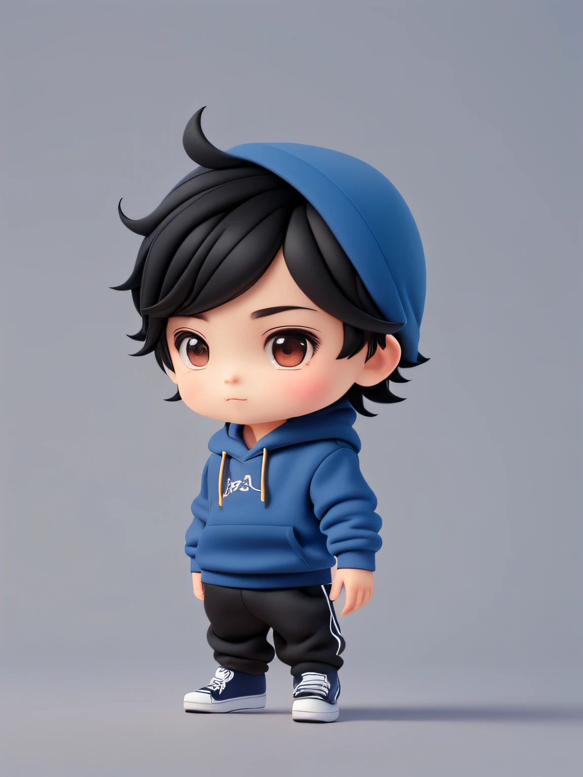 a little cute boy name Peter,chibi,funny, black hair,wearing blue hoodie,black pant,black shoes, character sheet,different anglem in the style of cartoonish illustrations