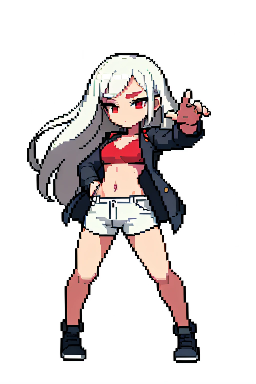 (masterpiece, top quality, best quality, less detail, 8-bit color, soft color), pixel,pixel art,1girl,fullbody,ready to fight,attack pose, smack studio, separate body for edit,easy for editing,#03253a background , white short pant,hair under shoulder, vampire girl, red eyes, silver hair,simple jacket,white bra on top, 6 pack abs