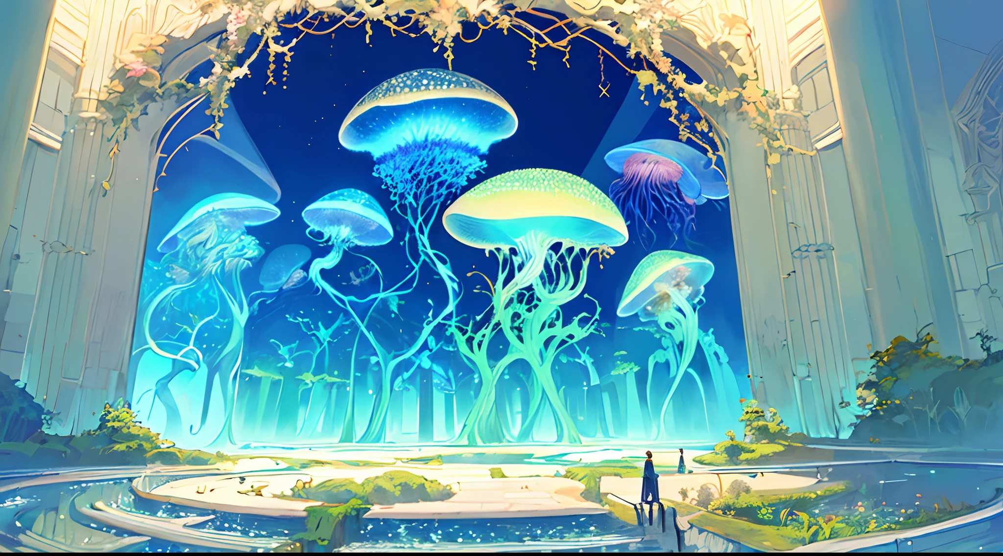 Masterpiece, High Quality, Ocean Forest, City, Fantastic Fantasy, Glowing Plants, Coral Viaduct, (Swarm of Glowing Jellyfish), (Shoal of Fish with Transparent Wings Flying in the Sky), Misty, Extreme Detail, Morning Light, Epic Composition, (Intricate Detail), (Intricate Design, Ultra Detail: 1.2), Art Station, (Masterpiece, Best Quality), Ultra HD, 32k ,castle,1girl --v 6