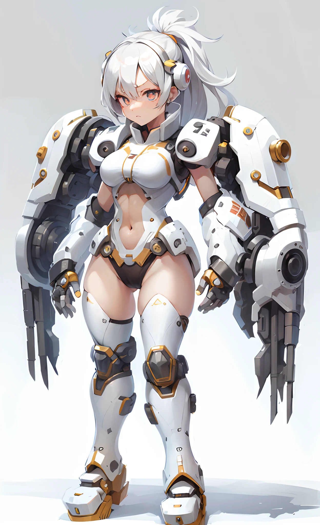 (masutepiece, Best Quality), (Perfect athlete body:1.2), (detailed hairs), Ultra-detailed, Anime style, Full body, cyber punk Girl, Solo, Long hair, Silver hair, Turquoise eyes, (masutepiece, Best Quality, Illustration)++, Beautiful detailed girl, Ultra-detailed++, From above, Cyber High Tech Boots+, angry, Bored face, hair between eye, Bangs, eyebrows visible through hair, Full body, Mechanized limbs++, Whole body, Unusually huge gauntlet++