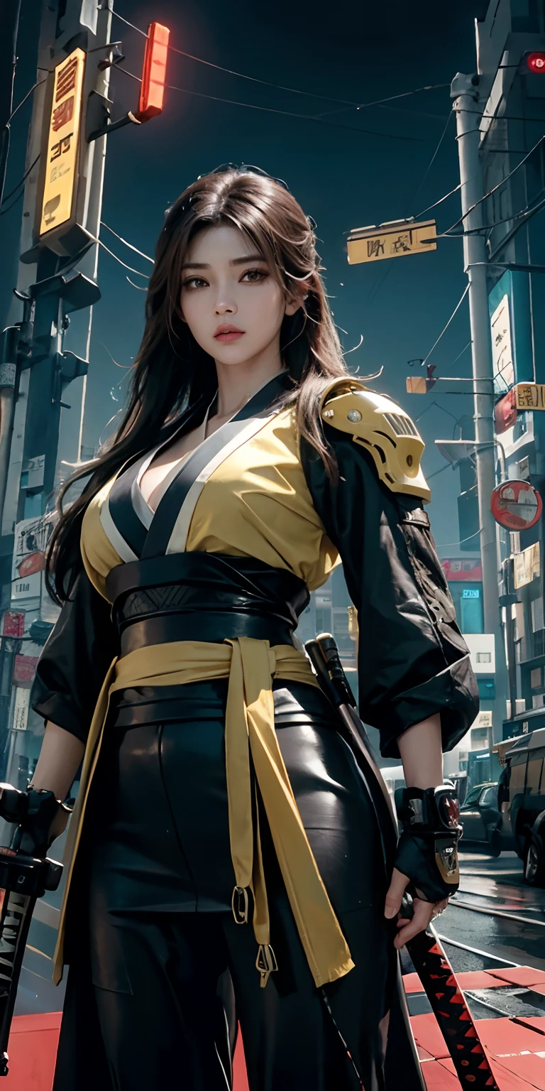 photorealistic, high resolution, soft light,1women, solo, hips up, (detailed face), yellow long hair, cybersamurai, cyborg, cyberpunk,  cyber armor, holding weapon,glowing,on the street , kimono , sniper looking at the target, katana